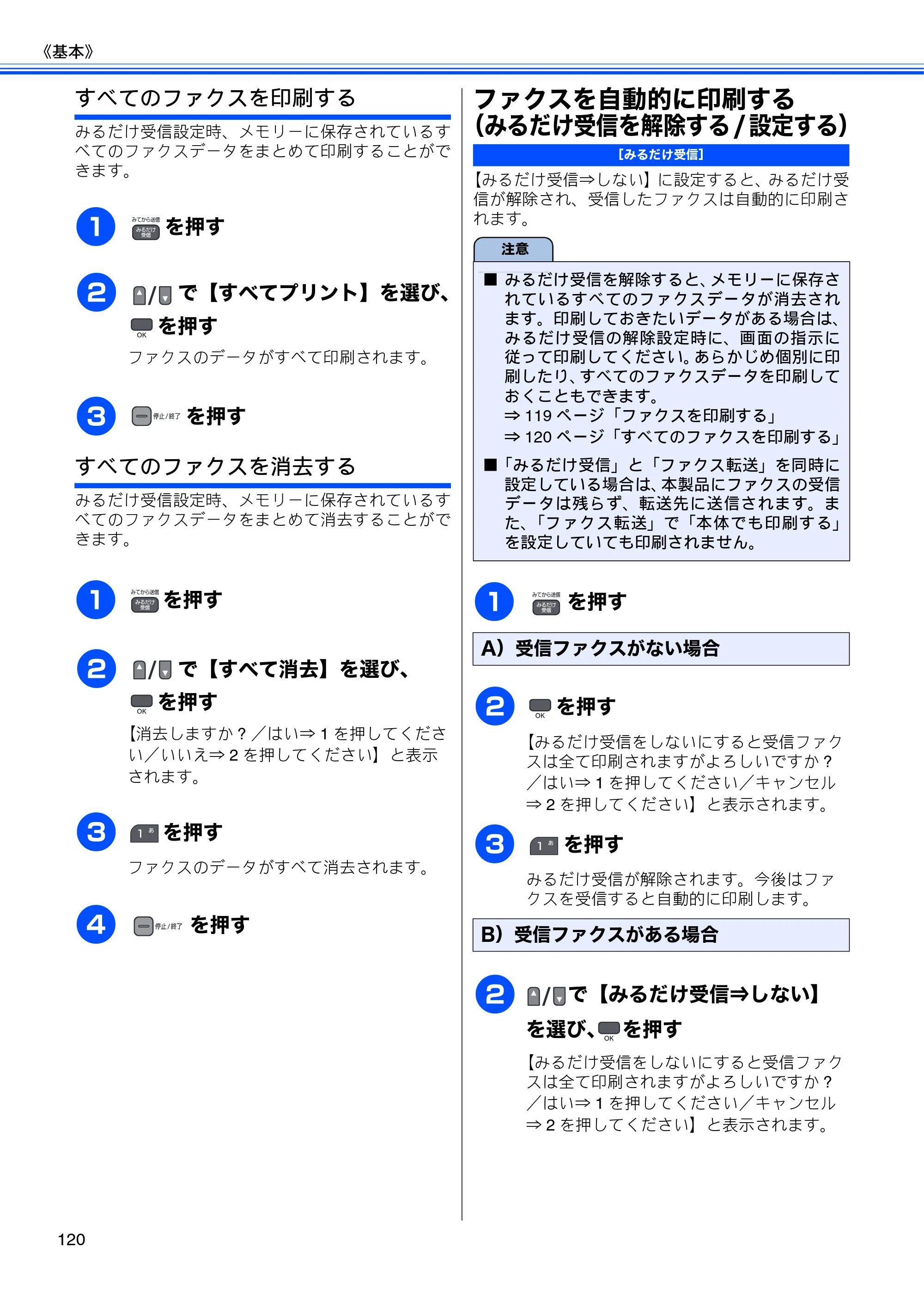 ブラザー MFC-675CD / MFC-675CDW / MFC-695CDN / MFC-695CDWN ユーザーズガイド ～基本編～ — ファクスを自動的に印刷する（みるだけ受信を解除する/設定する） — 原本ページ — 122ページ