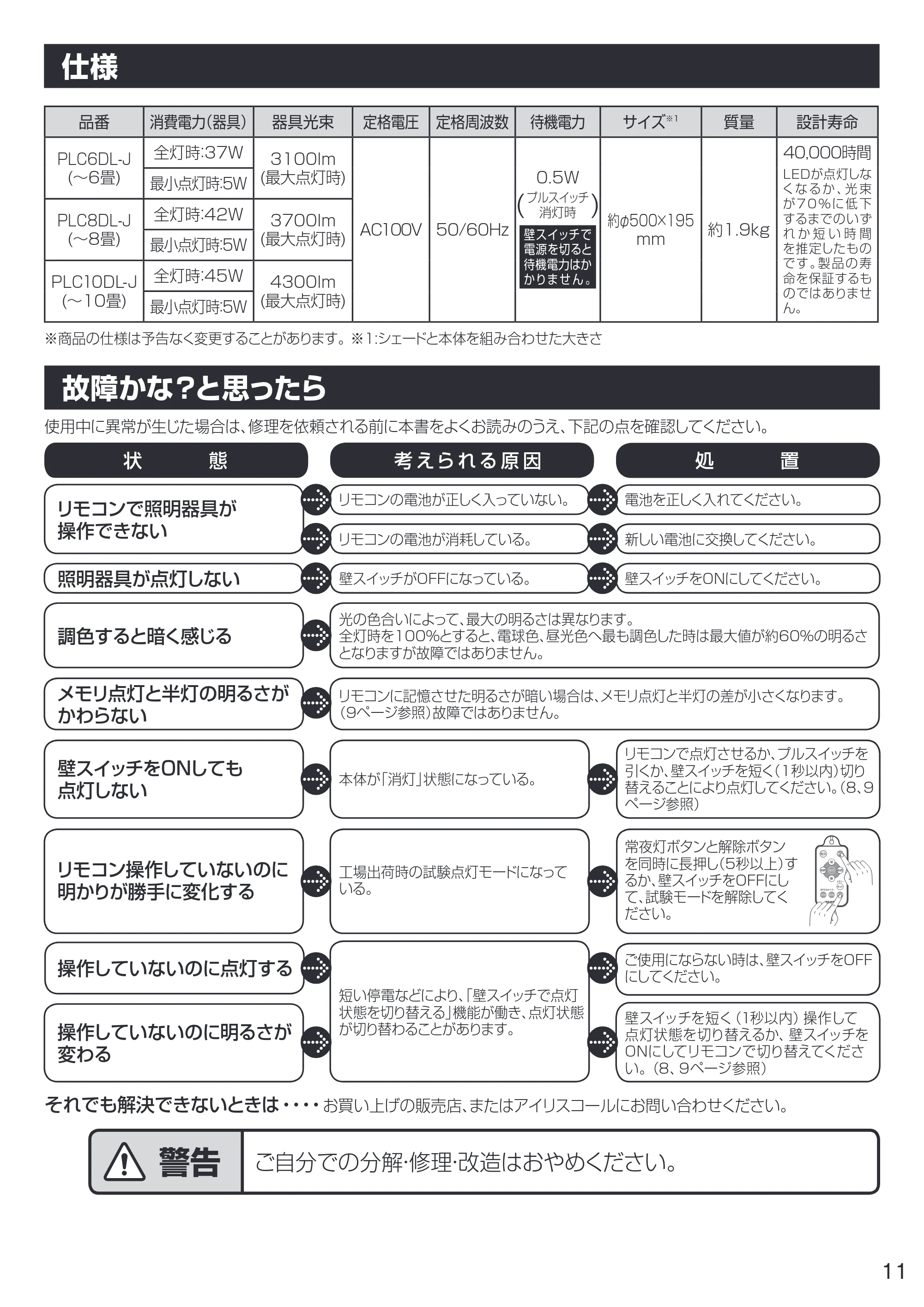 アイリスオーヤマ PLC10DL-J 取扱説明書 — 原本ページ — 11ページ