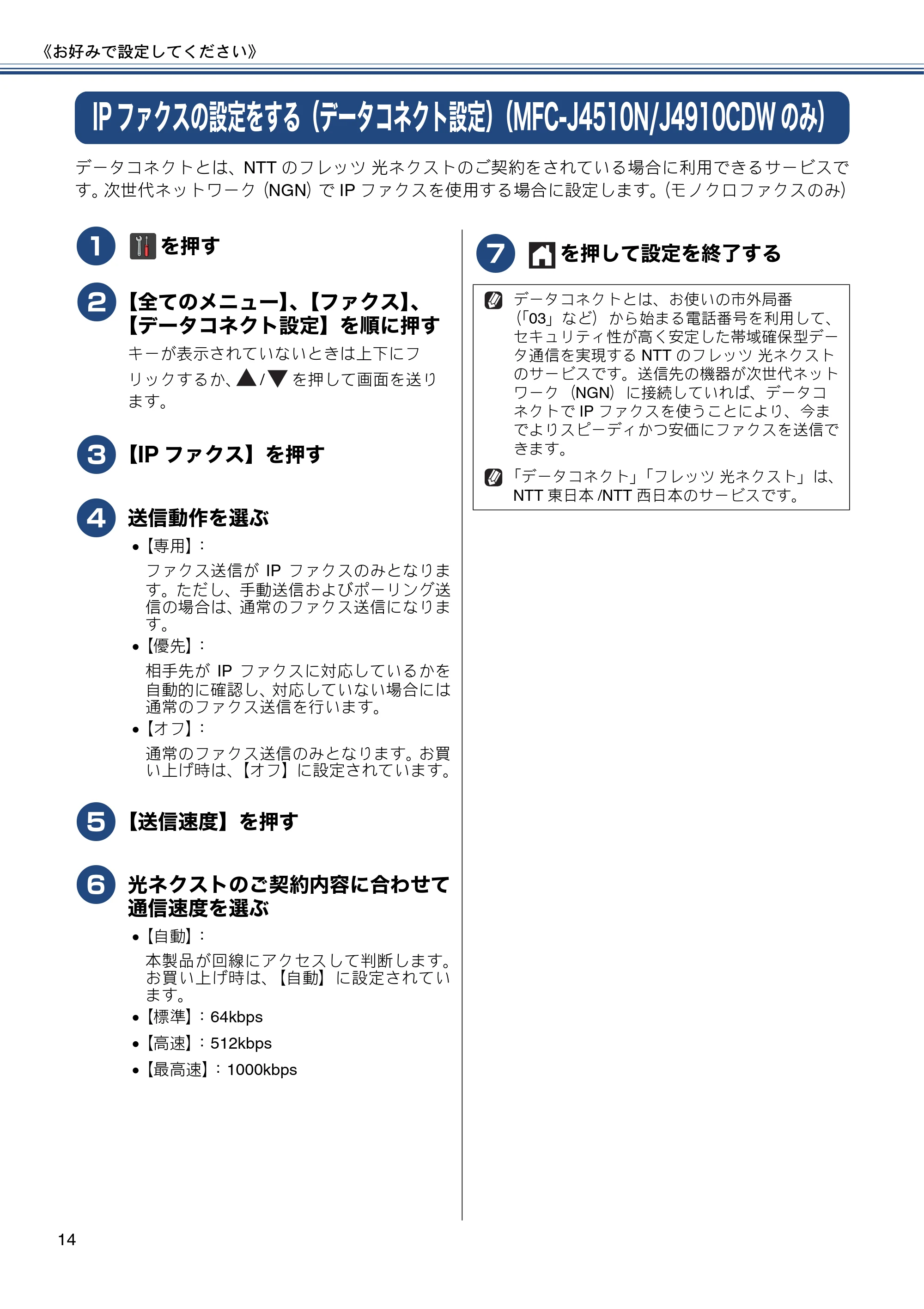 ブラザー DCP-J4215N-B/W / MFC-J4510N / MFC-J4910CDW ユーザーズガイド ～応用編～ — IPファクスの設定をする（データコネクト設定）（MFC-J4510N/J4910CDWのみ） — 原本ページ — 14ページ