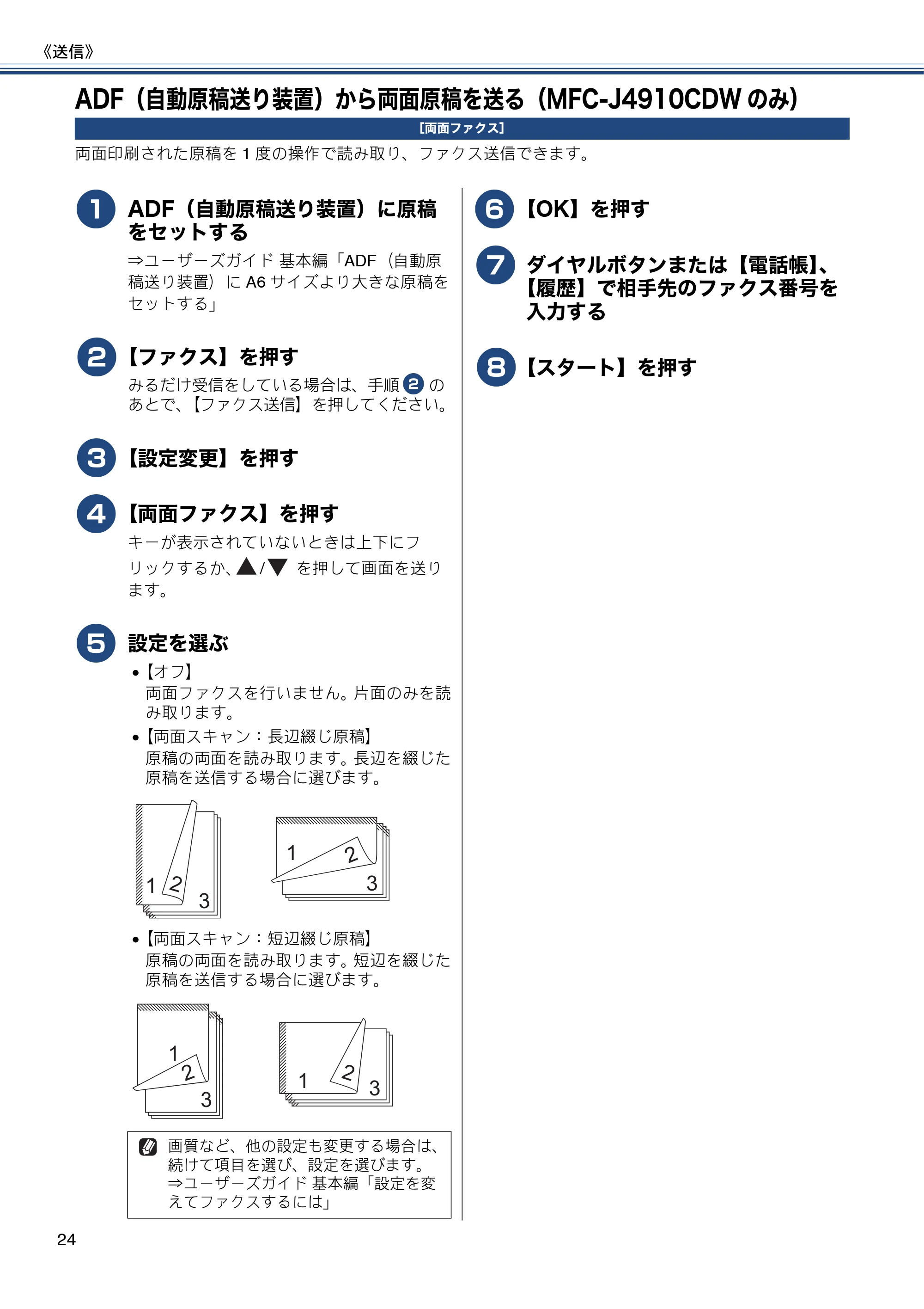 ブラザー DCP-J4215N-B/W / MFC-J4510N / MFC-J4910CDW ユーザーズガイド ～応用編～ — ADF（自動原稿送り装置）から両面原稿を送る（MFC-J4910CDWのみ） — 原本ページ — 24ページ