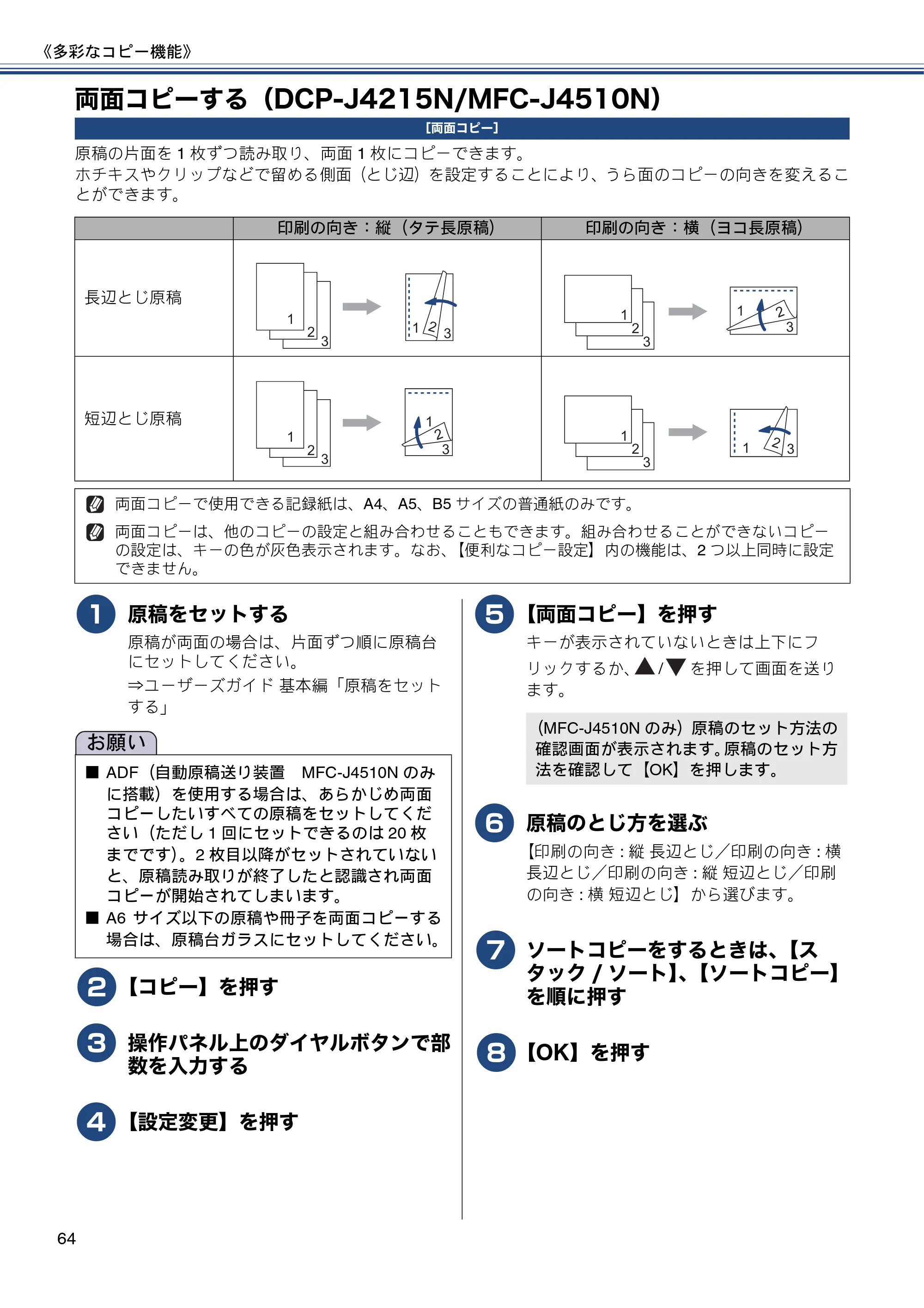 ブラザー DCP-J4215N-B/W / MFC-J4510N / MFC-J4910CDW ユーザーズガイド ～応用編～ — 両面コピーする（DCP-J4215N/MFC-J4510N） — 原本ページ — 64ページ