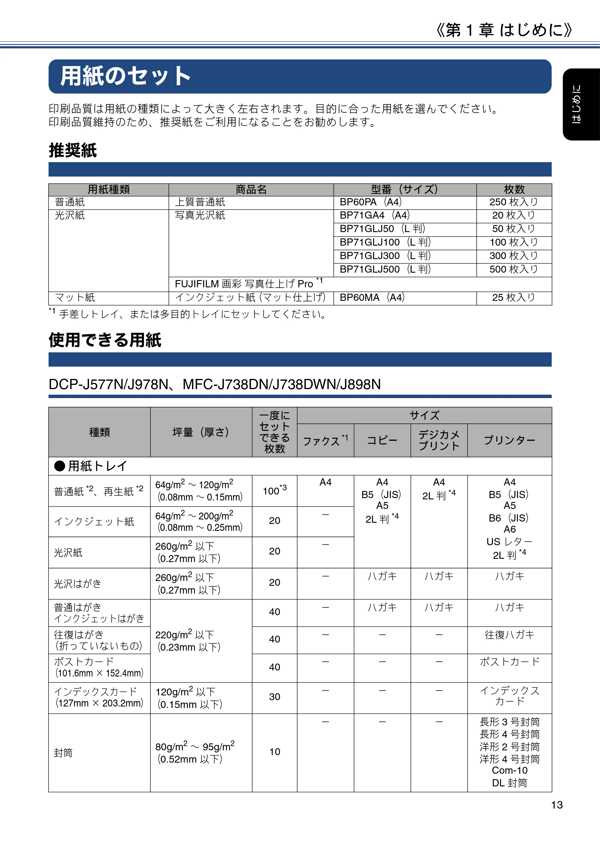 ブラザー DCP-J577N / DCP-J978N-B/W / MFC-J898N ユーザーズガイド ～応用編～ — 用紙のセット — 原本ページ — 13ページ