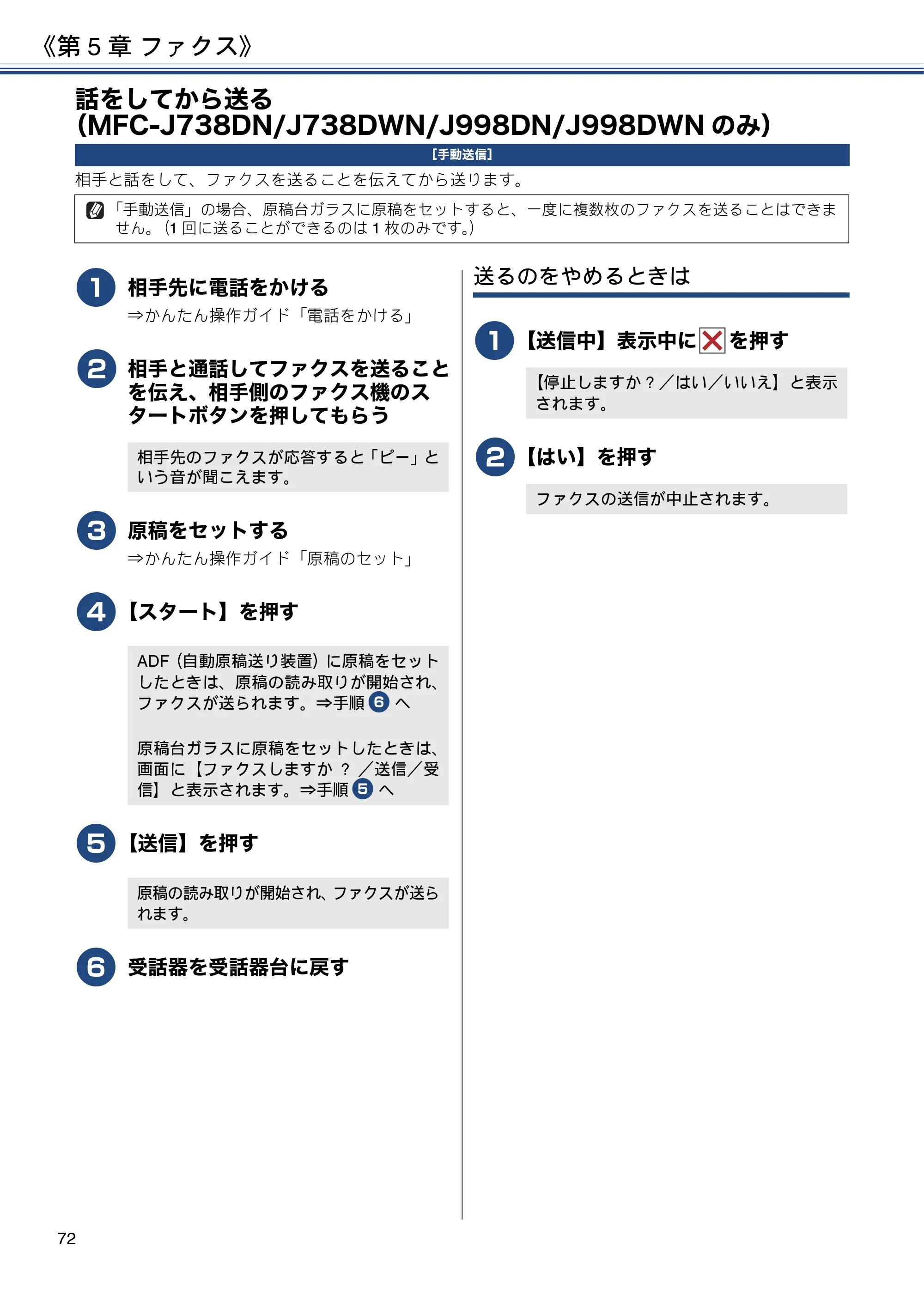 ブラザー DCP-J577N / DCP-J978N-B/W / MFC-J898N ユーザーズガイド ～応用編～ — 話をしてから送る（MFC-J738DN/J738DWN/J998DN/J998DWNのみ） — 原本ページ — 72ページ