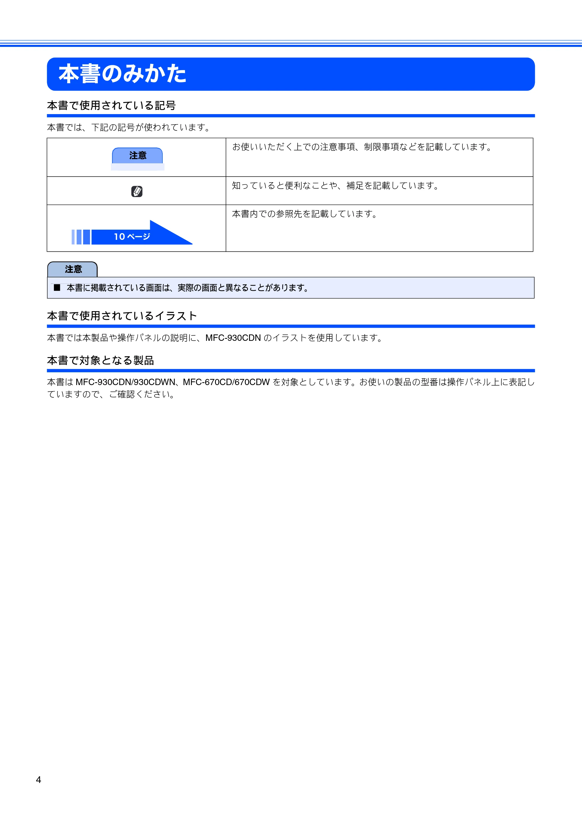 ブラザー MFC-670CD / MFC-670CDW / MFC-930CDN / MFC-930CDWN 取扱説明書(本体) — 本書のみかた — 原本ページ — 6ページ