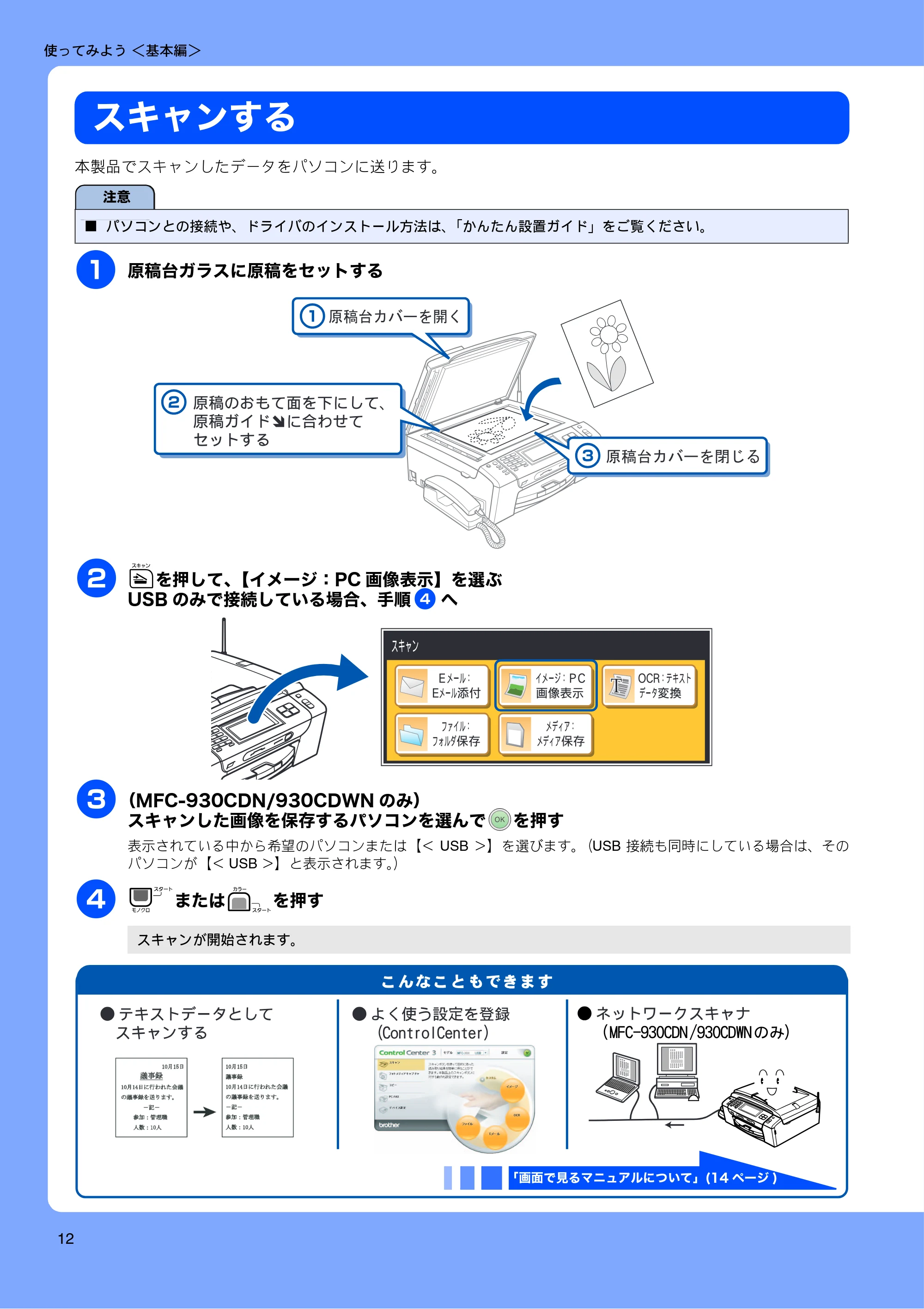 ブラザー MFC-670CD / MFC-670CDW / MFC-930CDN / MFC-930CDWN 取扱説明書(本体) — スキャンする — 原本ページ — 14ページ
