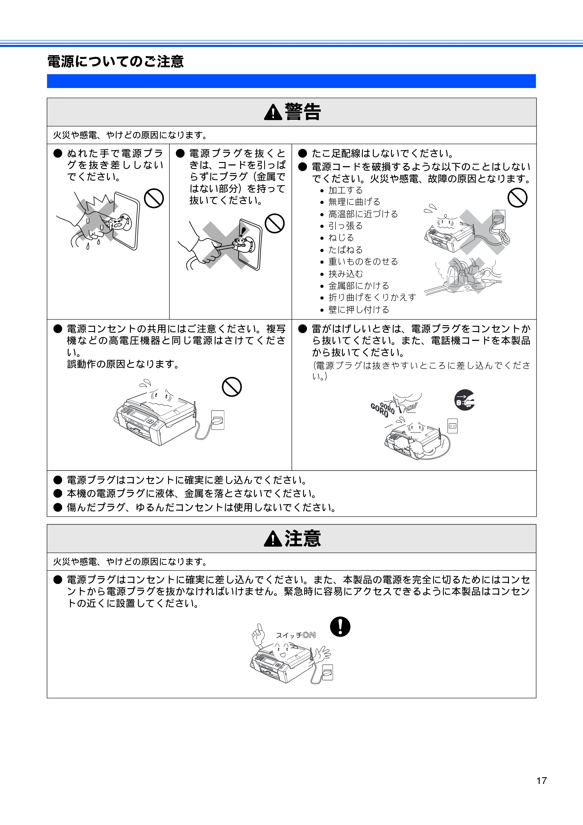 ブラザー MFC-670CD / MFC-670CDW / MFC-930CDN / MFC-930CDWN 取扱説明書(本体) — 電源についてのご注意 — 原本ページ — 19ページ