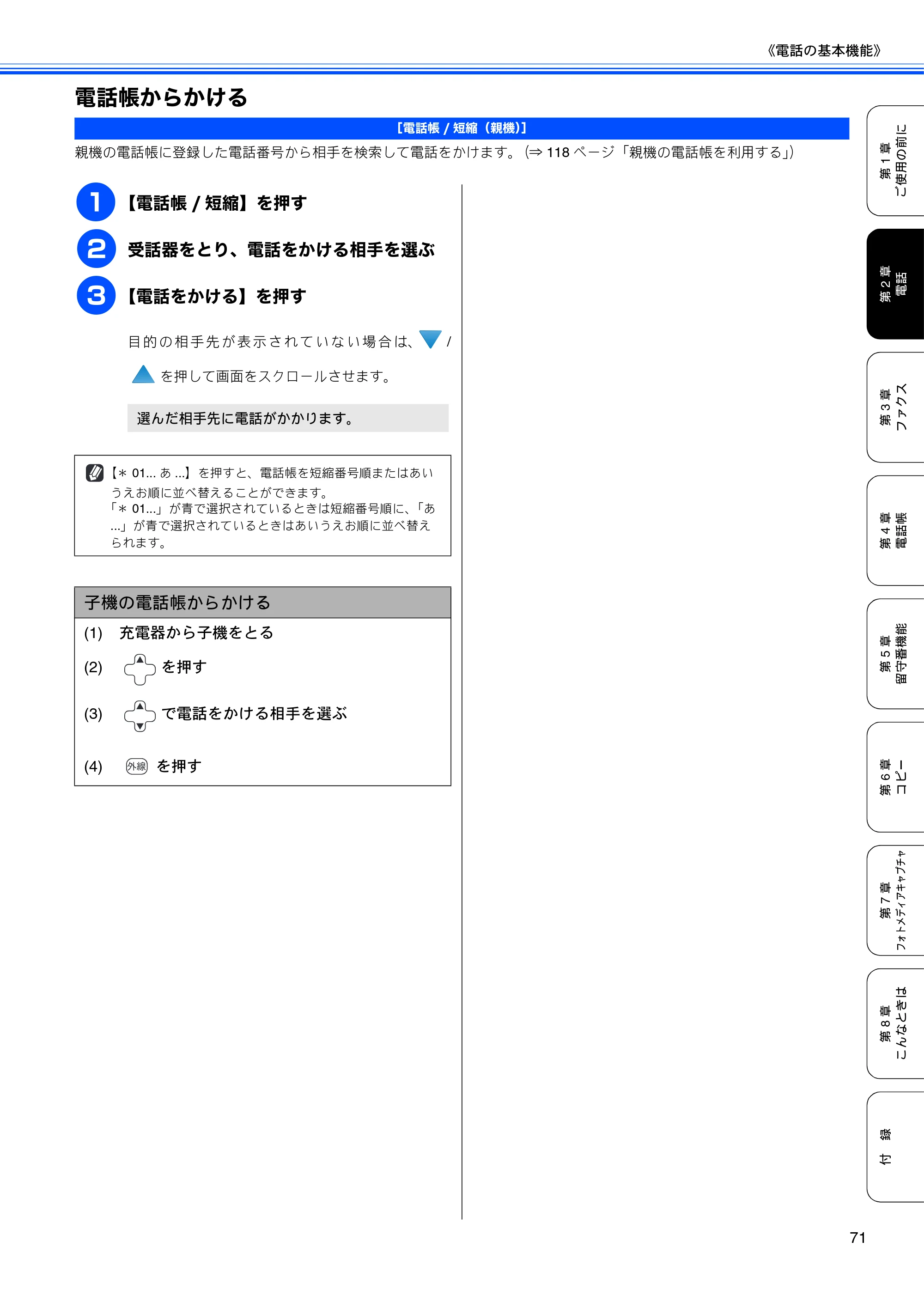 ブラザー MFC-670CD / MFC-670CDW / MFC-930CDN / MFC-930CDWN 取扱説明書（本体） — 電話帳からかける — 原本ページ — 73ページ