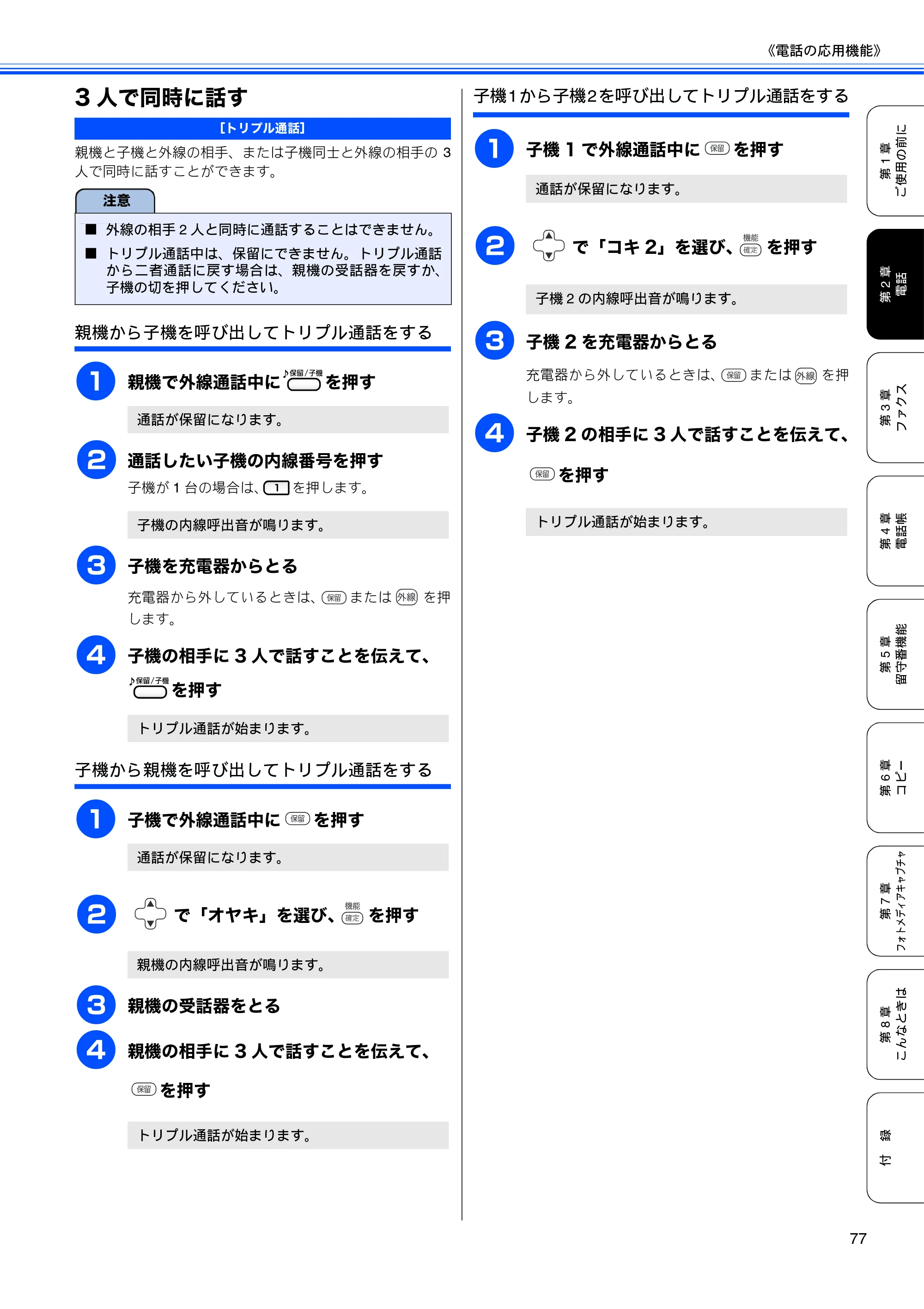 ブラザー MFC-670CD / MFC-670CDW / MFC-930CDN / MFC-930CDWN 取扱説明書（本体） — 3人で同時に話す — 原本ページ — 79ページ