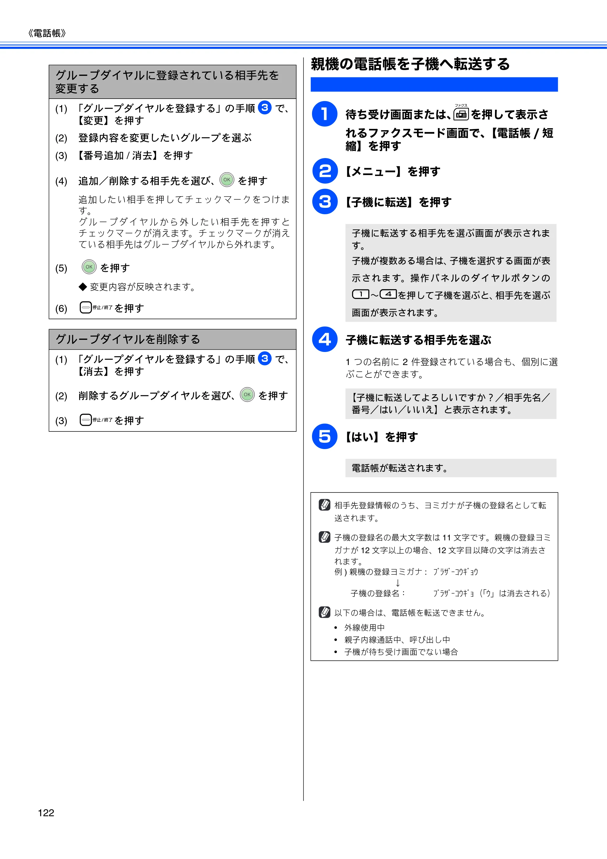 ブラザー MFC-670CD / MFC-670CDW / MFC-930CDN / MFC-930CDWN 取扱説明書（本体） — 親機の電話帳を子機へ転送する — 原本ページ — 124ページ