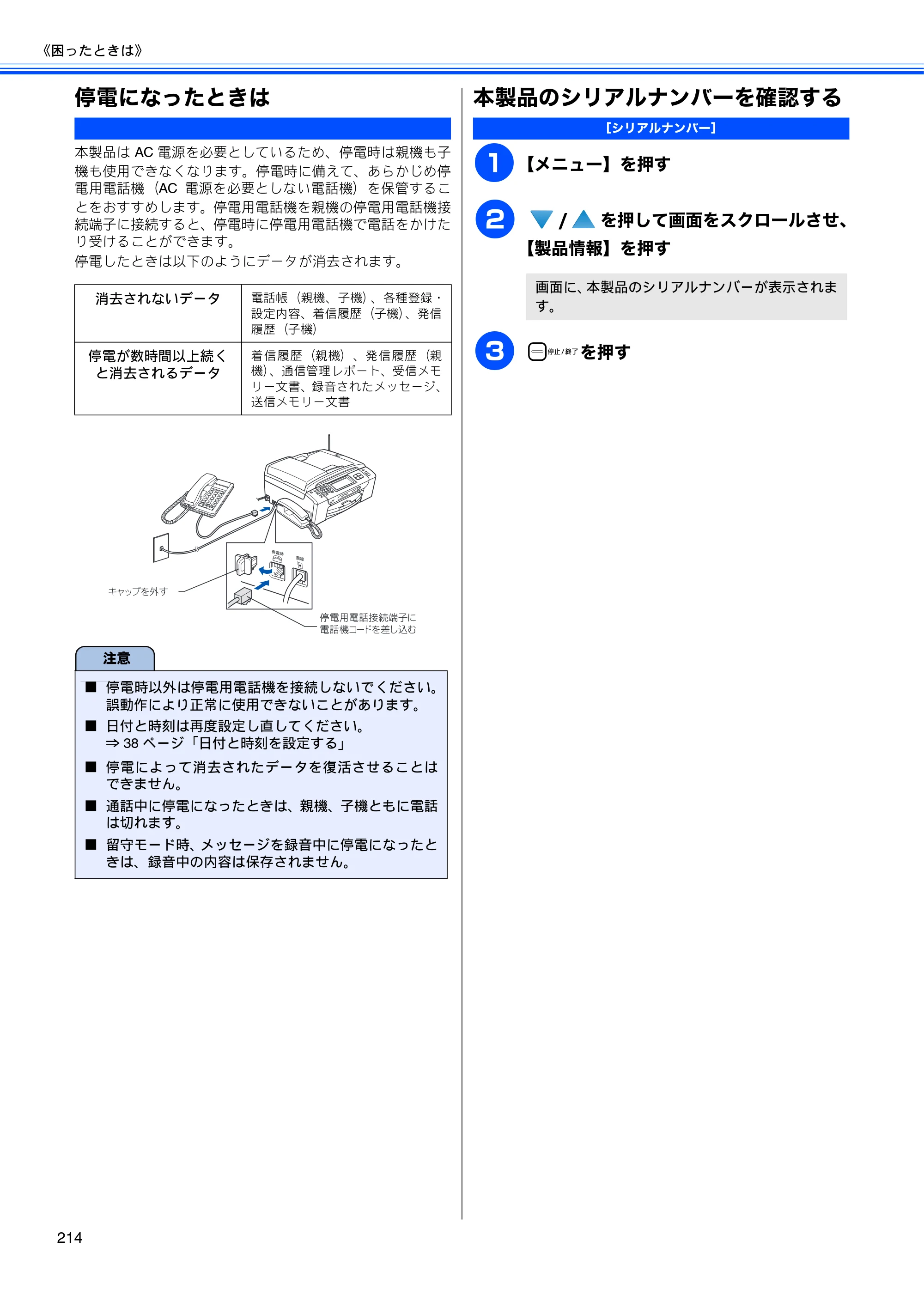 ブラザー MFC-670CD / MFC-670CDW / MFC-930CDN / MFC-930CDWN 取扱説明書（本体） — 停電になったときは — 原本ページ — 216ページ