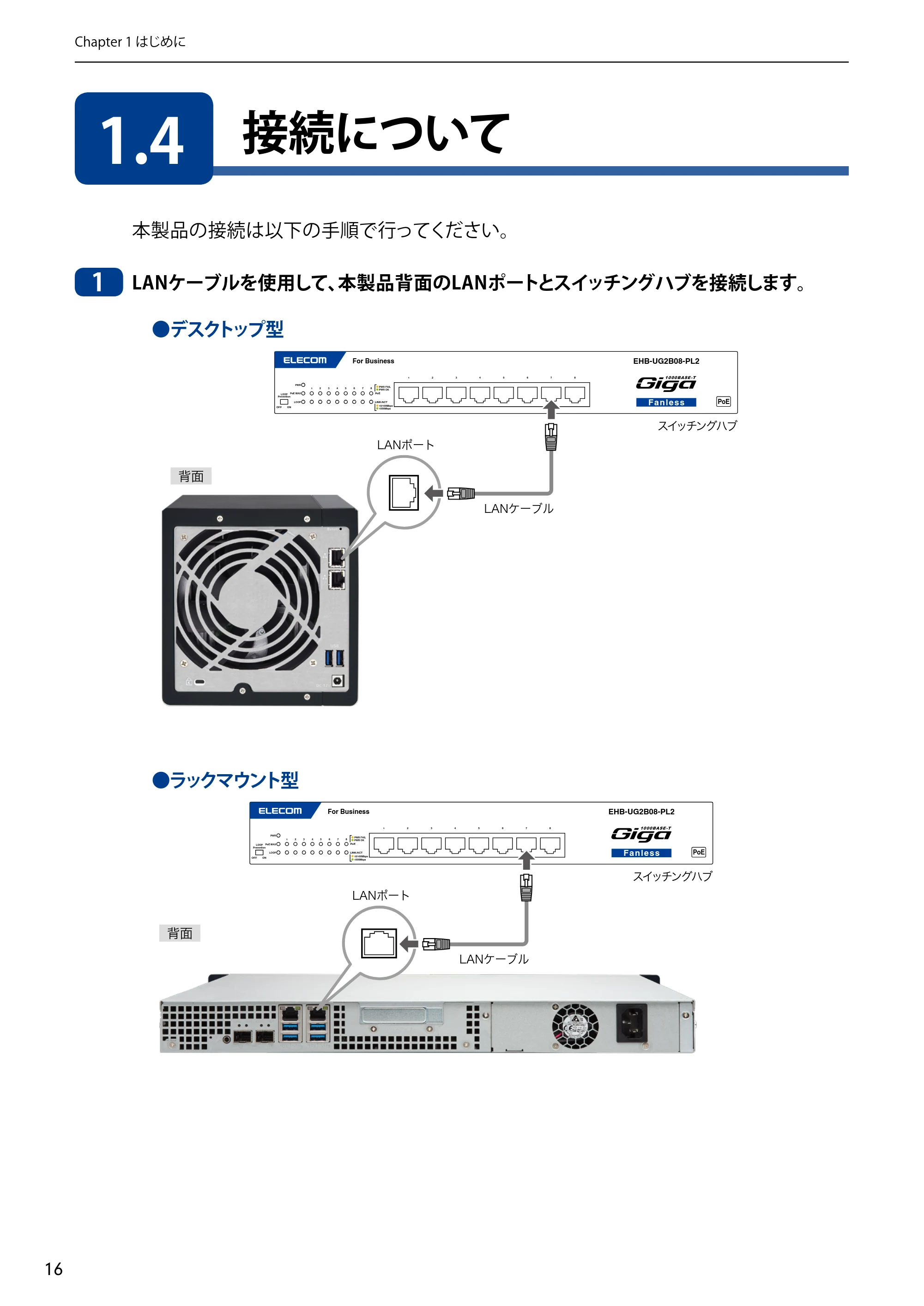 エレコム NSB-5A1T1BL / NSB-5A2T2BL / NSB-5A4T2BL 3．ユーザーズマニュアル【本体FW_Ver.4.3.3.0776 】 対応版 — 1.4 接続について — 原本ページ — 16ページ