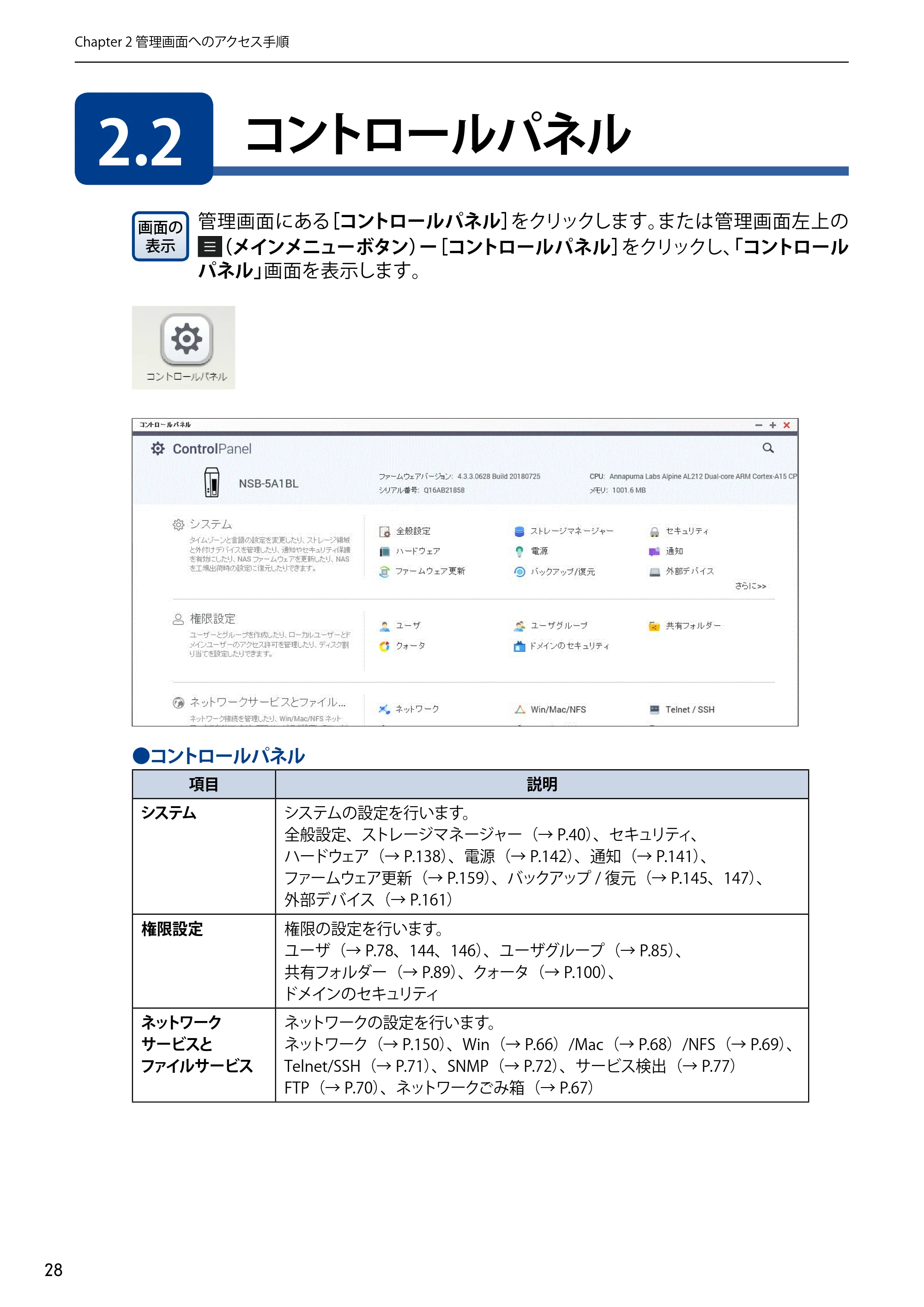 エレコム NSB-5A1T1BL / NSB-5A2T2BL / NSB-5A4T2BL 3．ユーザーズマニュアル【本体FW_Ver.4.3.3.0776 】 対応版 — 2.2 コントロールパネル — 原本ページ — 28ページ