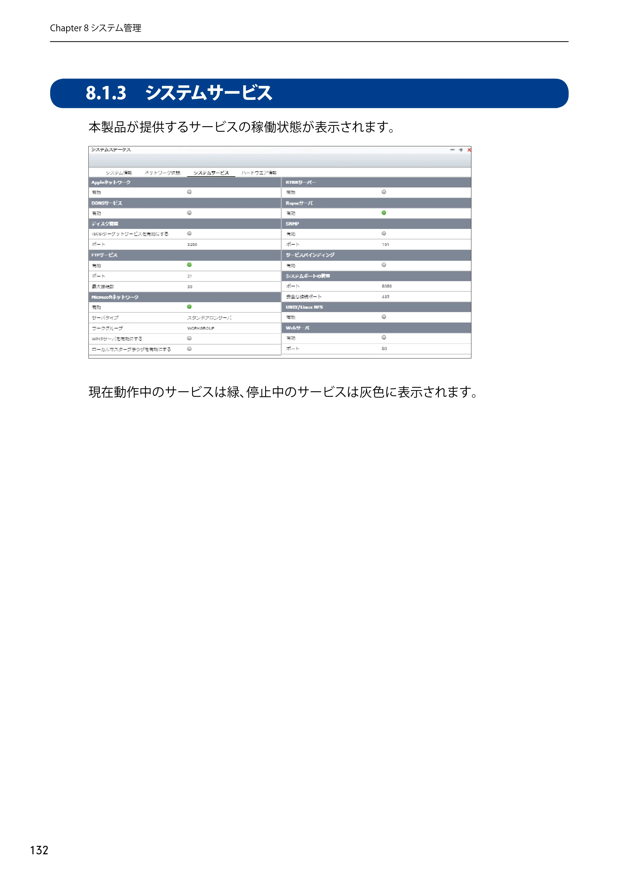 エレコム NSB-5A1T1BL / NSB-5A2T2BL / NSB-5A4T2BL 3．ユーザーズマニュアル【本体FW_Ver.4.3.3.0776 】 対応版 — 8.1.3 システムサービス — 原本ページ — 132ページ