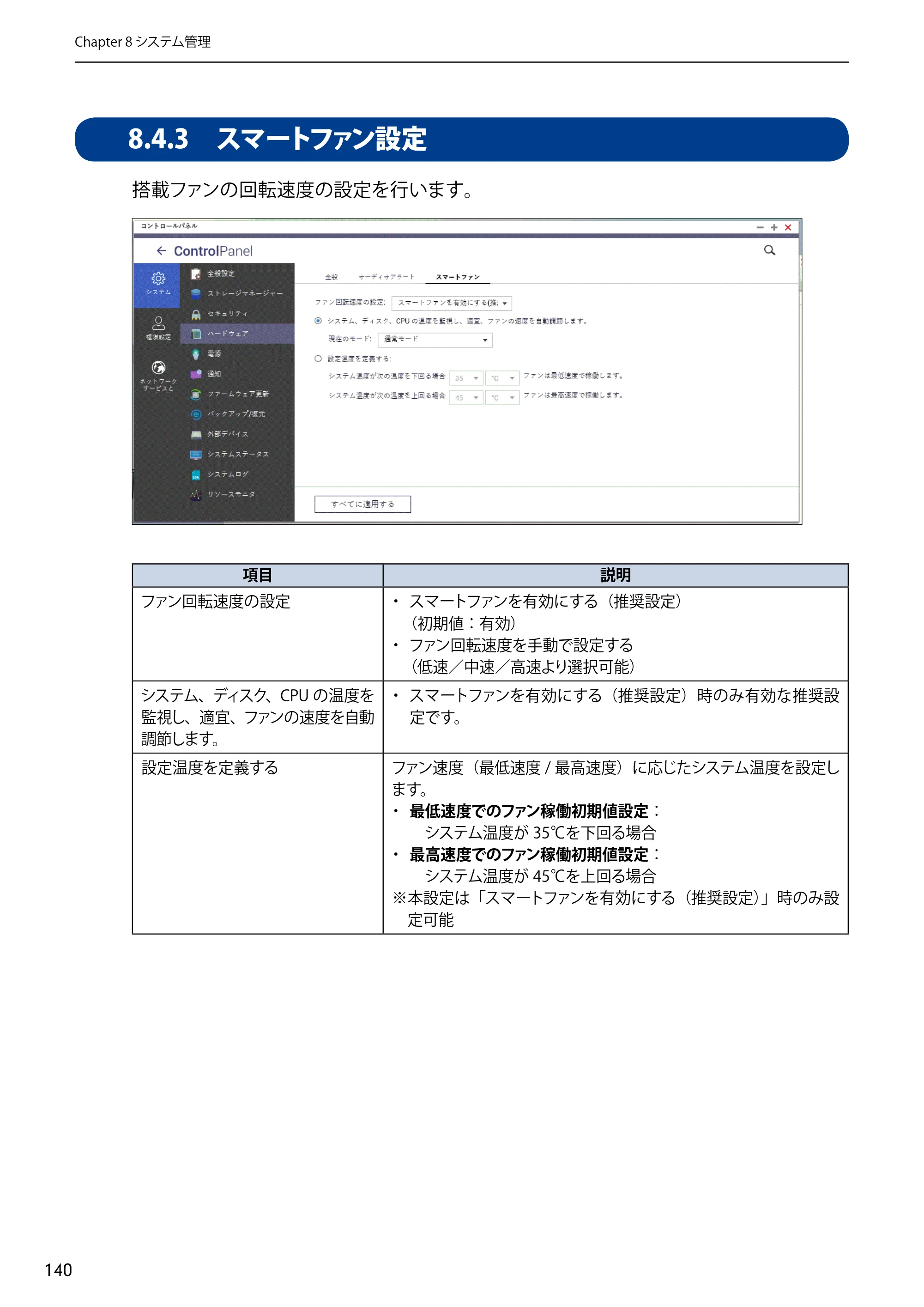 エレコム NSB-5A1T1BL / NSB-5A2T2BL / NSB-5A4T2BL 3．ユーザーズマニュアル【本体FW_Ver.4.3.3.0776 】 対応版 — 8.4.3 スマートファン設定 — 原本ページ — 140ページ