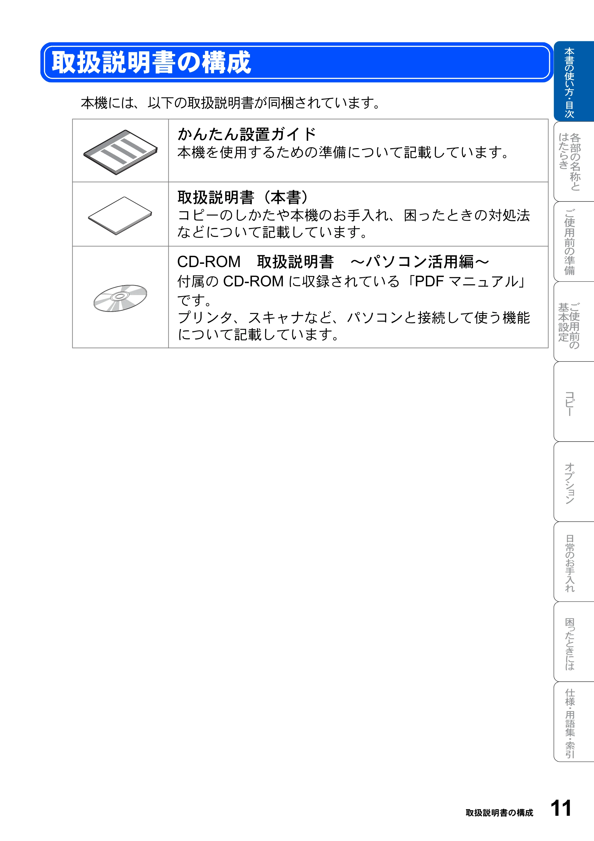 ブラザー DCP-8025J 取扱説明書（本体） — 取扱説明書の構成 — 原本ページ — 11ページ
