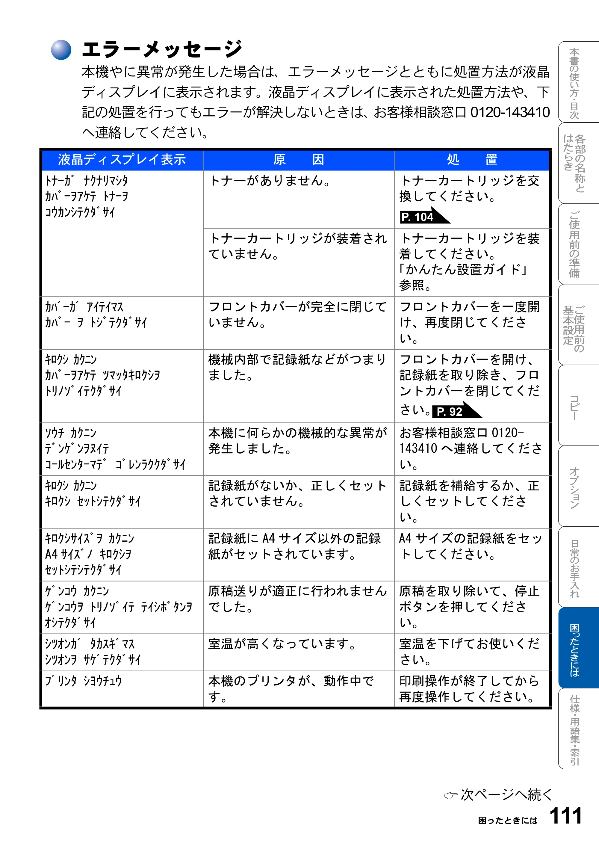 ブラザー DCP-8025J 取扱説明書（本体） — エラーメッセージ — 原本ページ — 111ページ