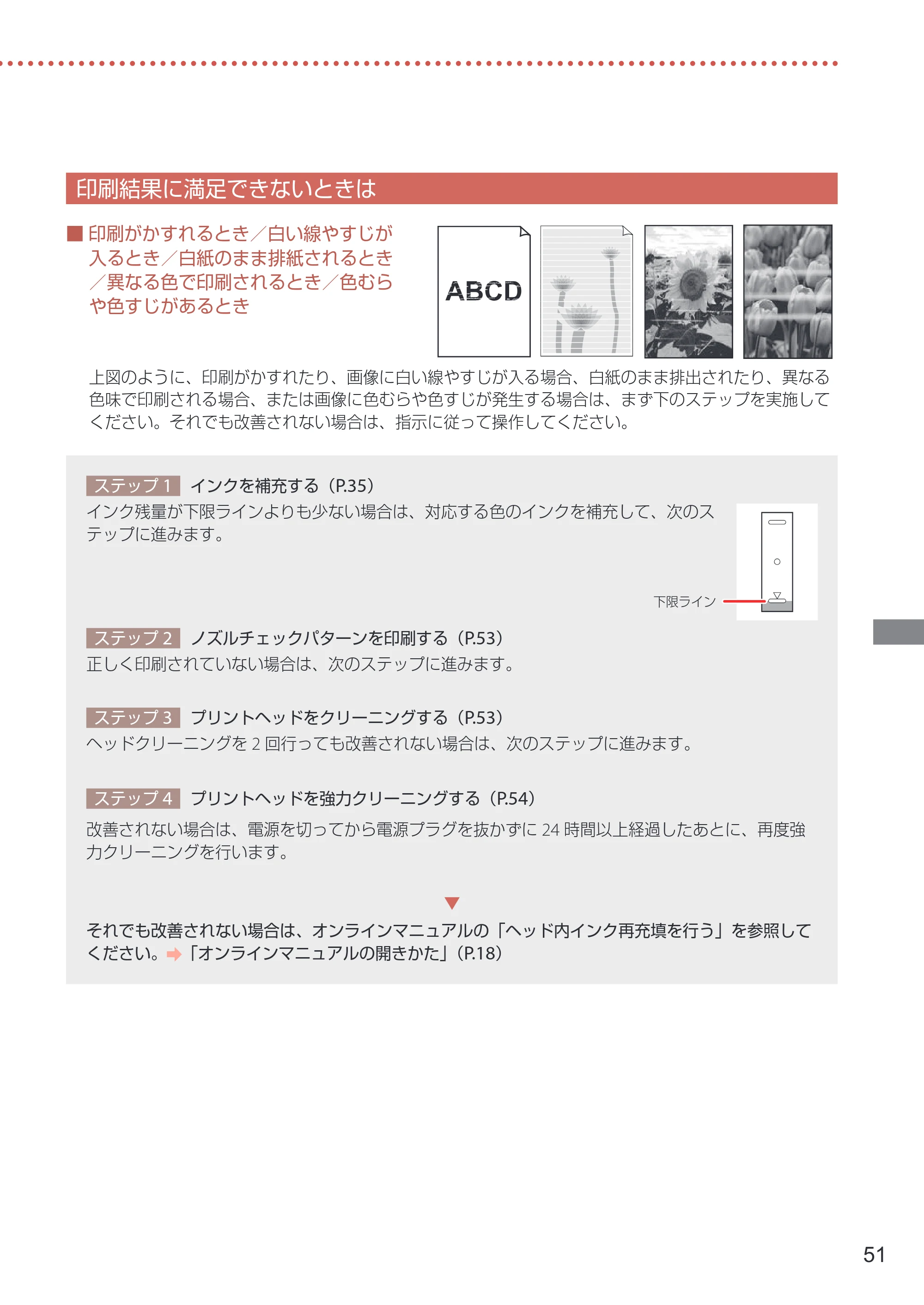 キヤノン GX4030 設置・基本操作マニュアル 2022年11月10日掲載（PDF：8.82MB） — 印刷結果に満足できないときは — 原本ページ — 53ページ