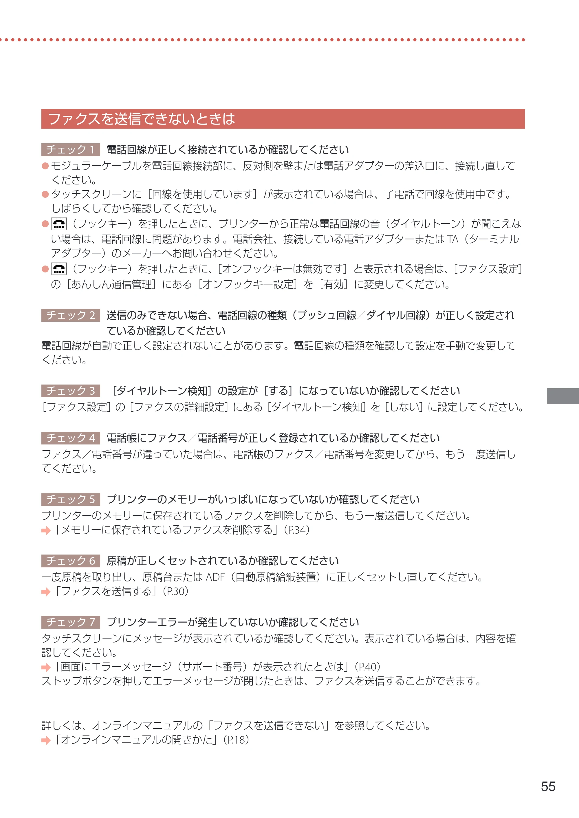 キヤノン GX4030 設置・基本操作マニュアル 2022年11月10日掲載（PDF：8.82MB） — ファクスを送信できないときは — 原本ページ — 57ページ