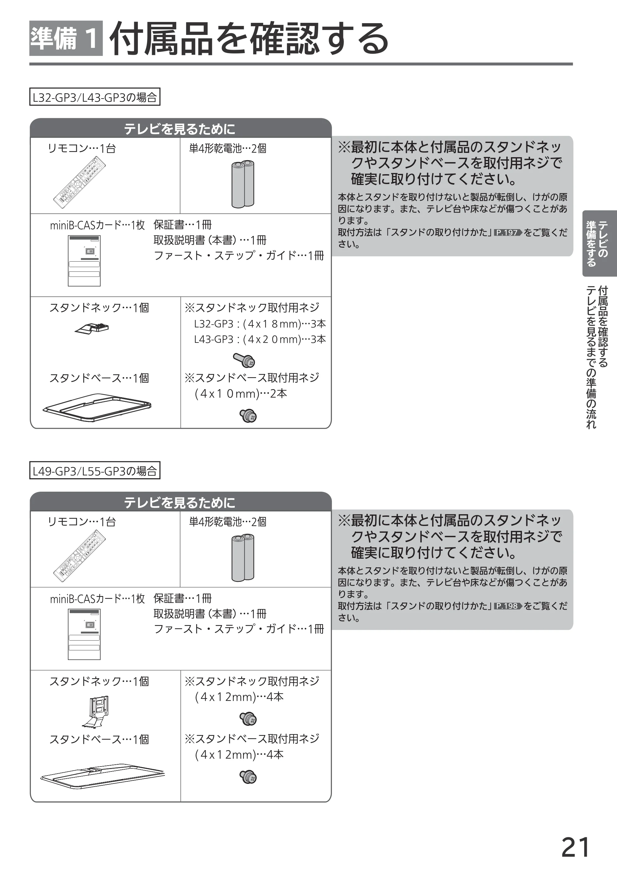 日立 L55-GP3 / L49-GP3 / L43-GP3 取扱説明書 — 付属品を確認する — 原本ページ — 21ページ