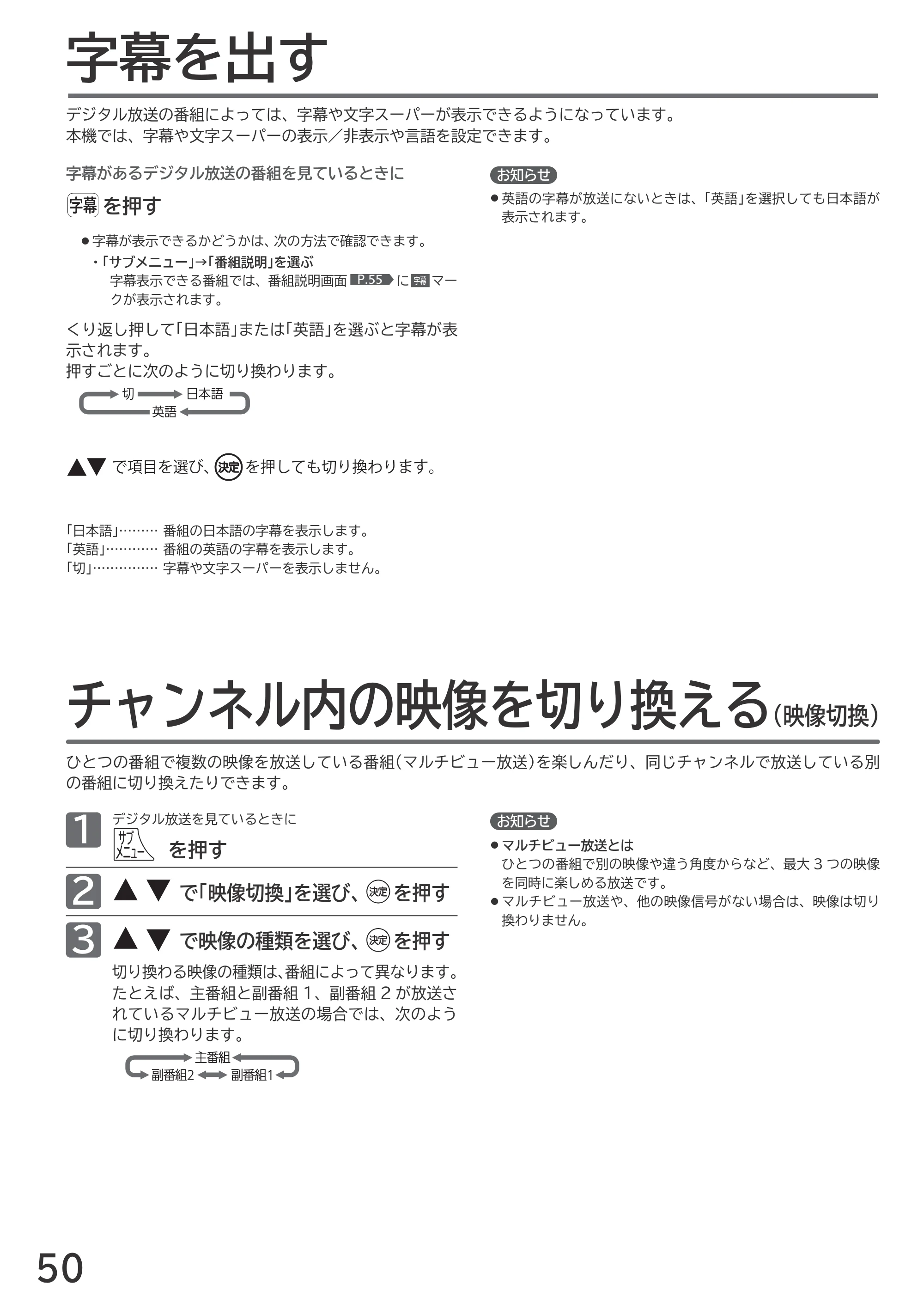 日立 L55-GP3 / L49-GP3 / L43-GP3 取扱説明書 — 字幕を出す — 原本ページ — 50ページ