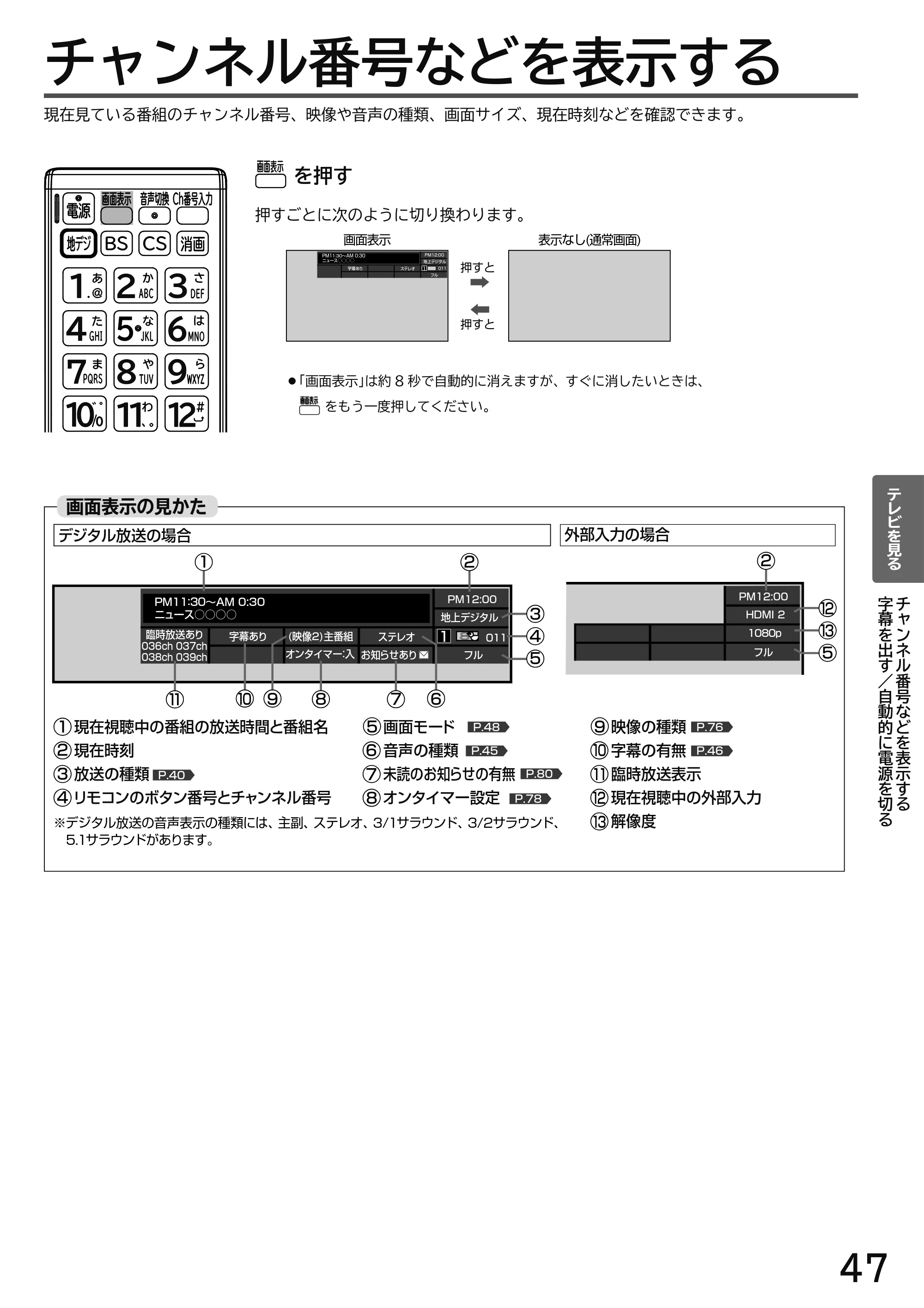 日立 L49-H3 / L43-H3 / L32-H3 取扱説明書 — チャンネル番号などを表示する — 原本ページ — 47ページ