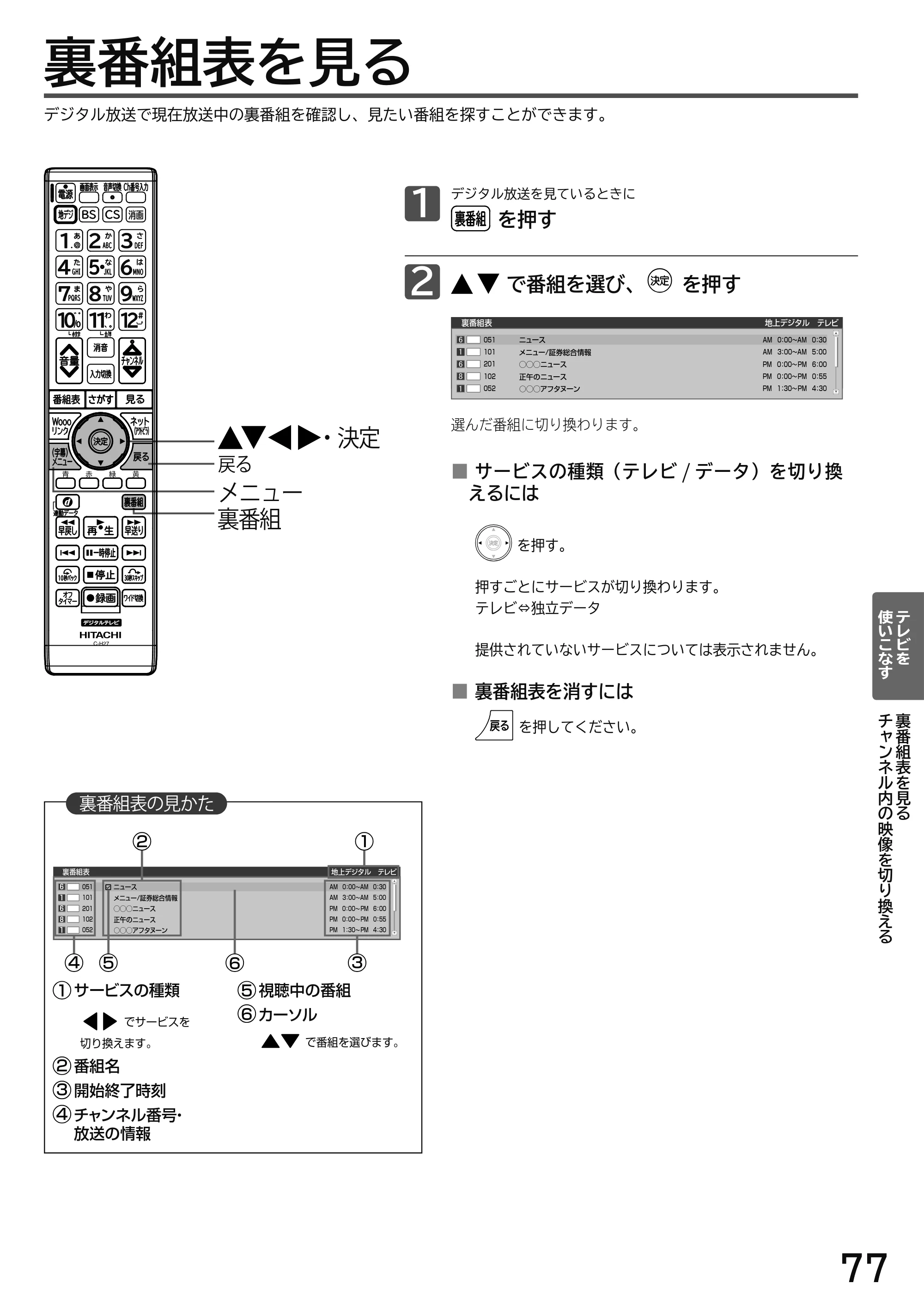 日立 L49-H3 / L43-H3 / L32-H3 取扱説明書 — 裏番組表を見る — 原本ページ — 77ページ