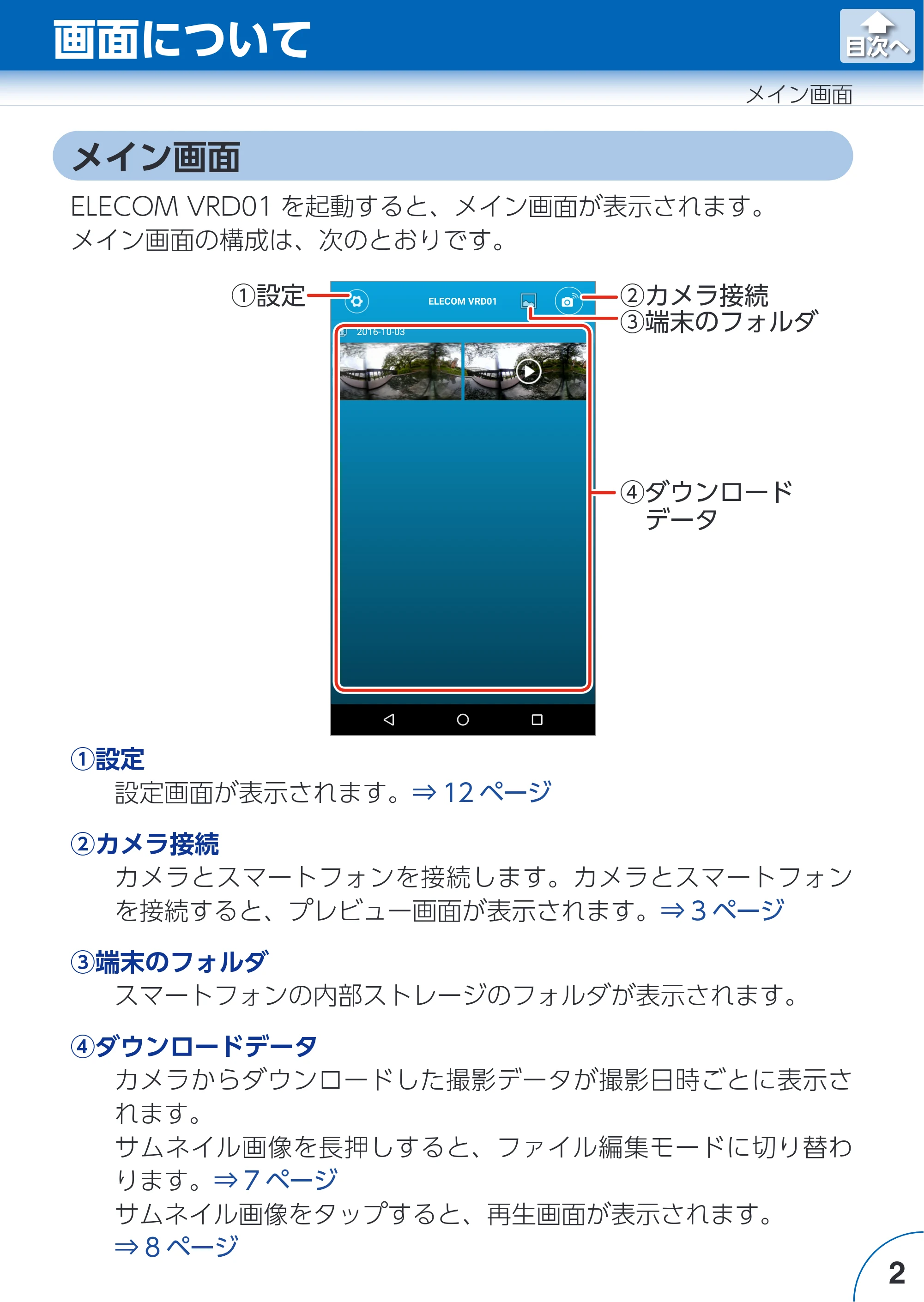 エレコム ACAM-VRD01BK for Androidアプリ ユーザーズガイド — 画面について — 原本ページ — 2ページ
