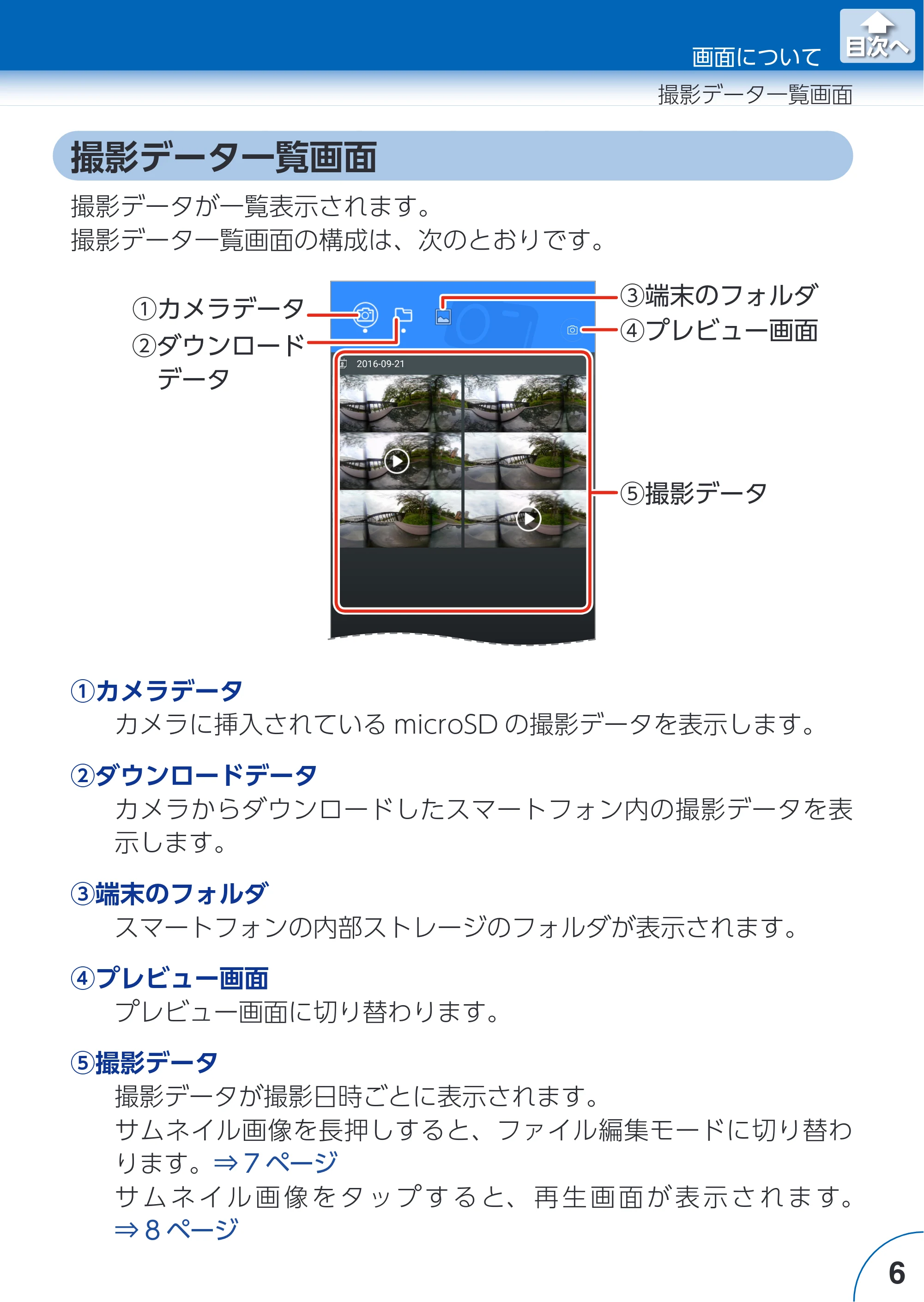 エレコム ACAM-VRD01BK for Androidアプリ ユーザーズガイド — 撮影データ一覧画面 — 原本ページ — 6ページ