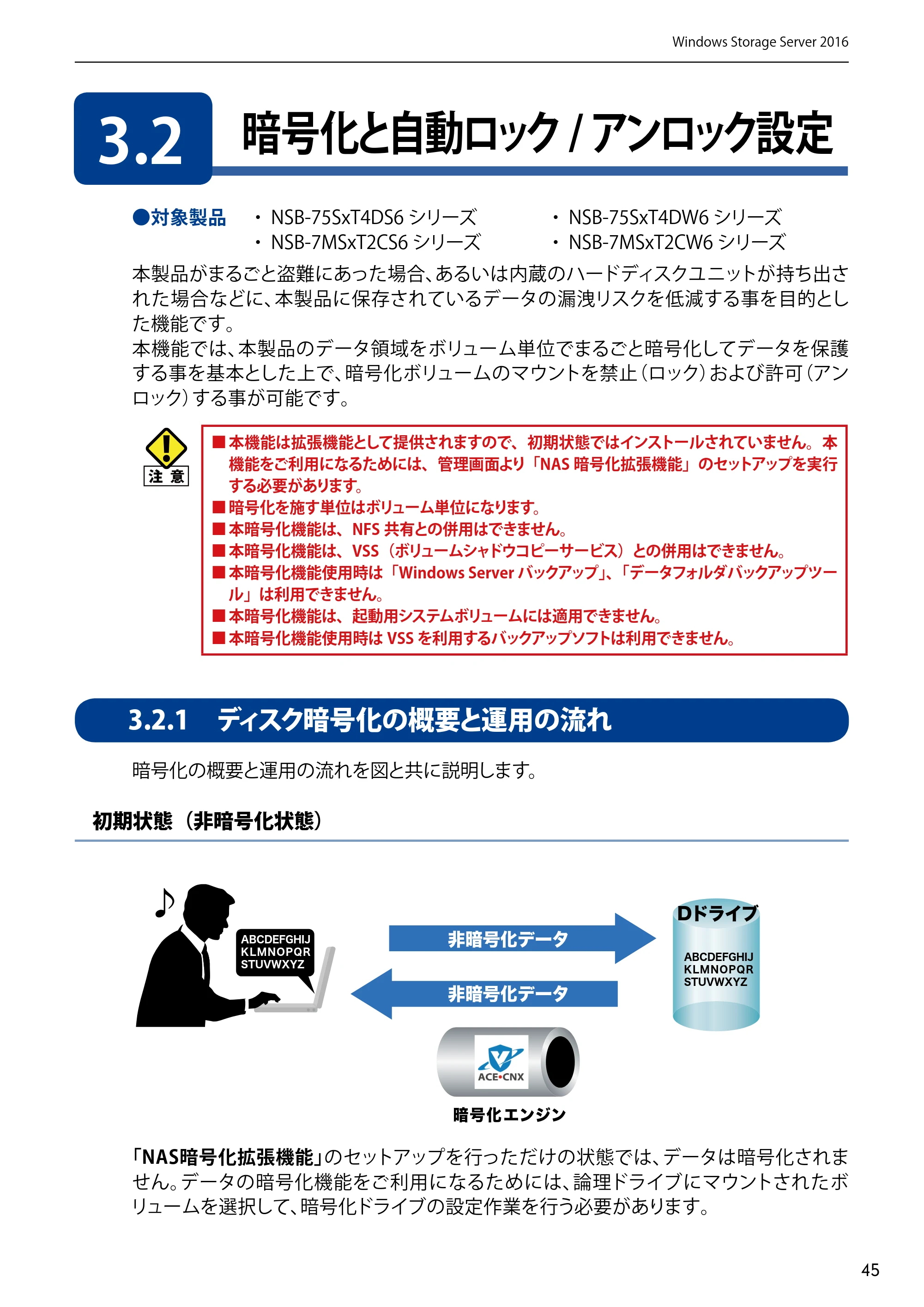 エレコム NSB-75S12T4DW65 / NSB-75S12T4RW65 / NSB-75S16T4DW65 05.NASツール ソフトウェアマニュアル(Ver.6.20～)【第5版】 — 3.2 暗号化と自動ロック/アンロック設定 — 原本ページ — 45ページ