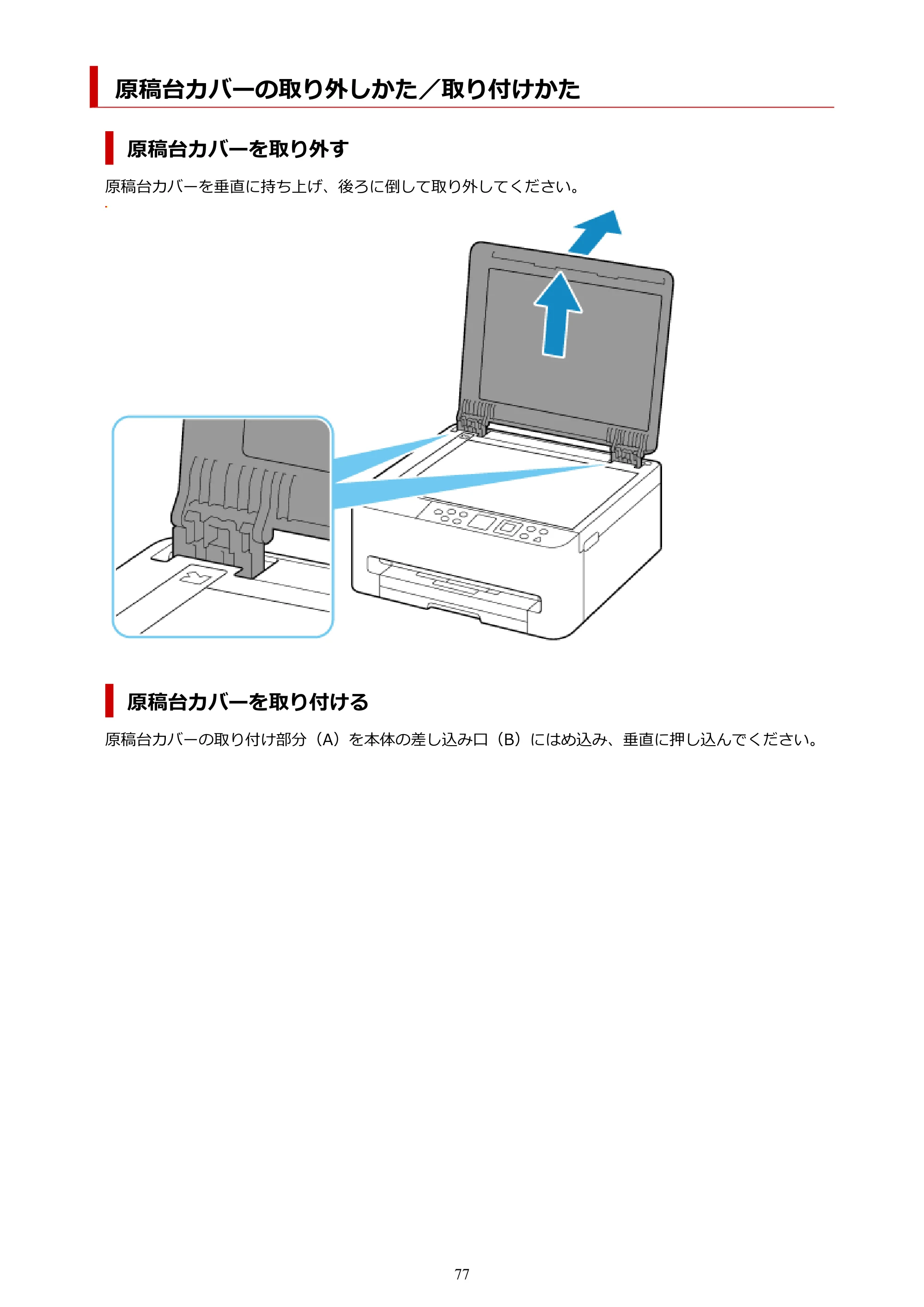 キヤノン PIXUS TS5530 オンラインマニュアル PDF版 2025年10月22日掲載（PDF：3.4MB） — 原稿台カバーの取り外しかた／取り付けかた — 原本ページ — 77ページ