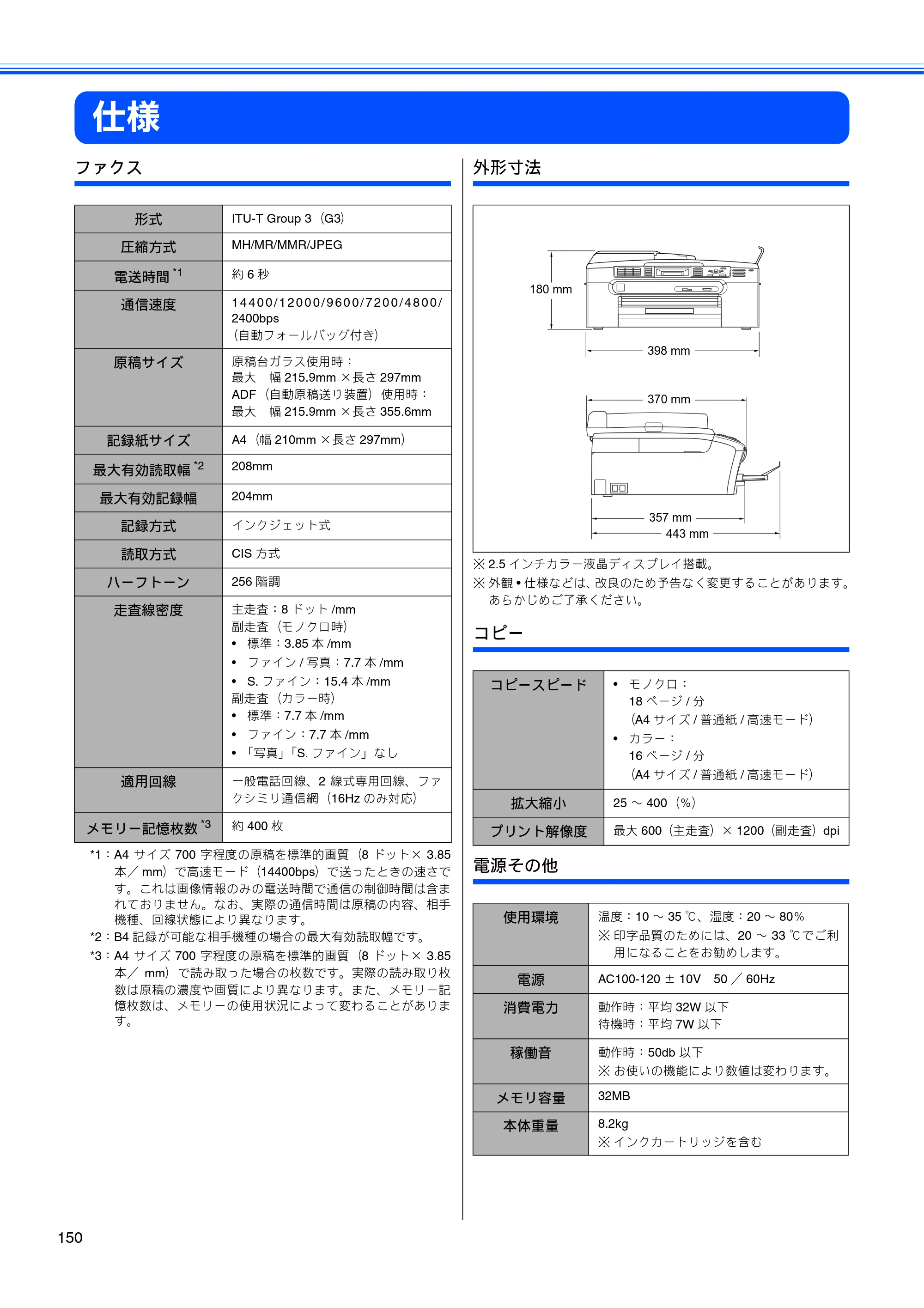 ブラザー MFC-460CN 取扱説明書（本体） — 仕様 — 原本ページ — 152ページ