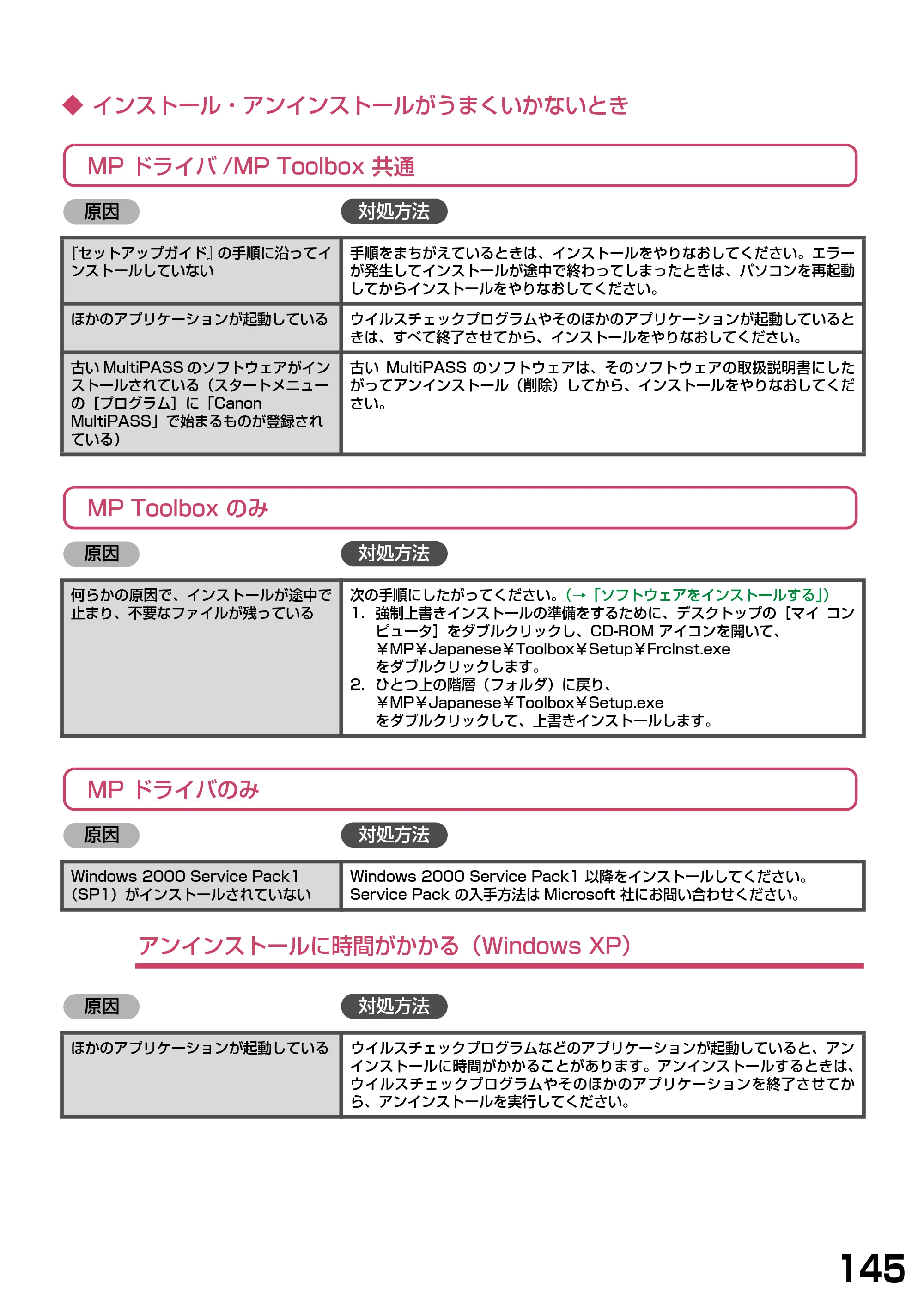 キヤノン PIXUS MP390 ソフトウエアガイド （PDF形式／6.4Mバイト） — ◆ インストール・アンインストールがうまくいかないとき — 原本ページ — 148ページ