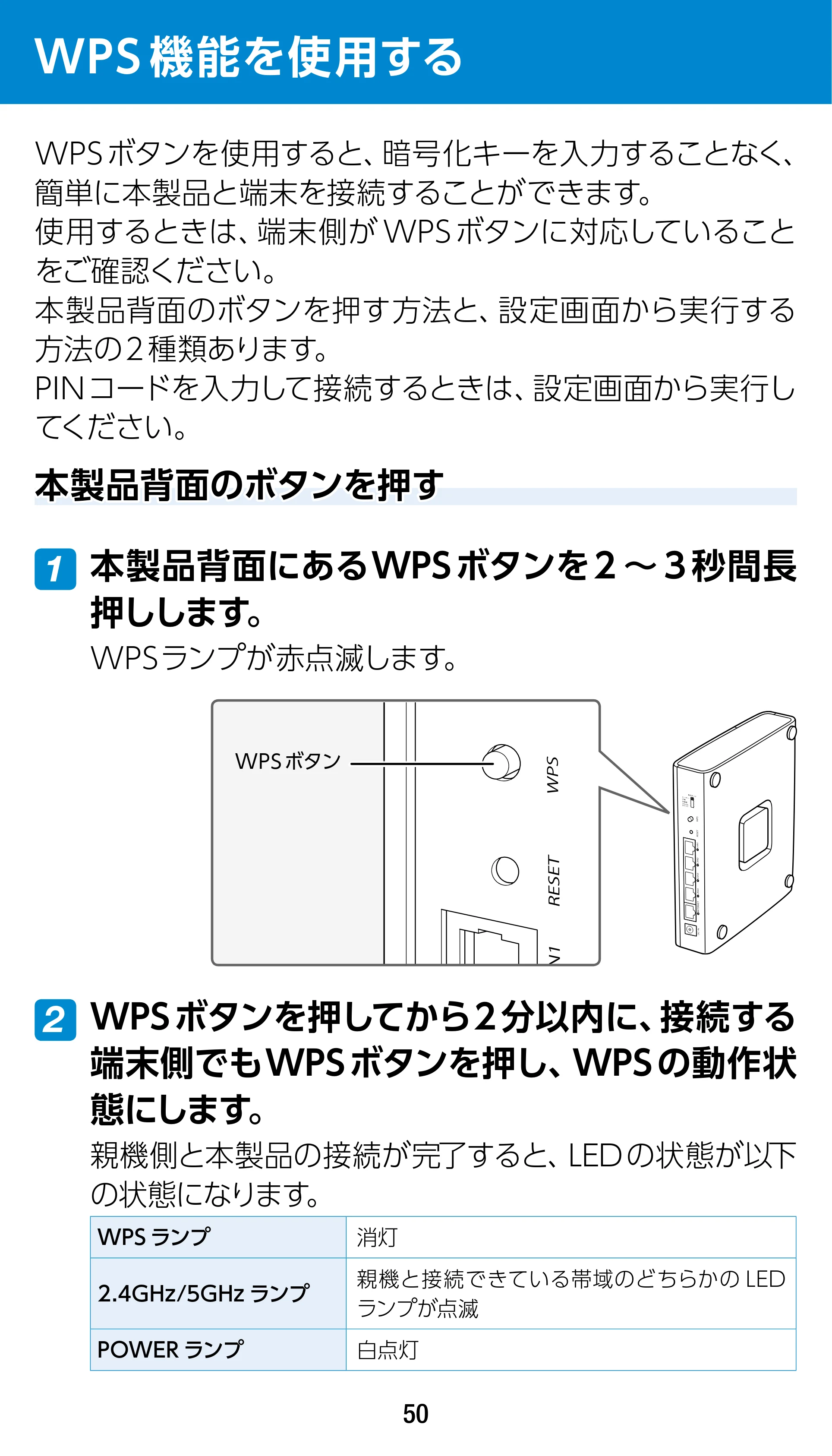 エレコム WRC-1900GST 4.ユーザーズマニュアル（基本機能編） — WPS機能を使用する — 原本ページ — 50ページ