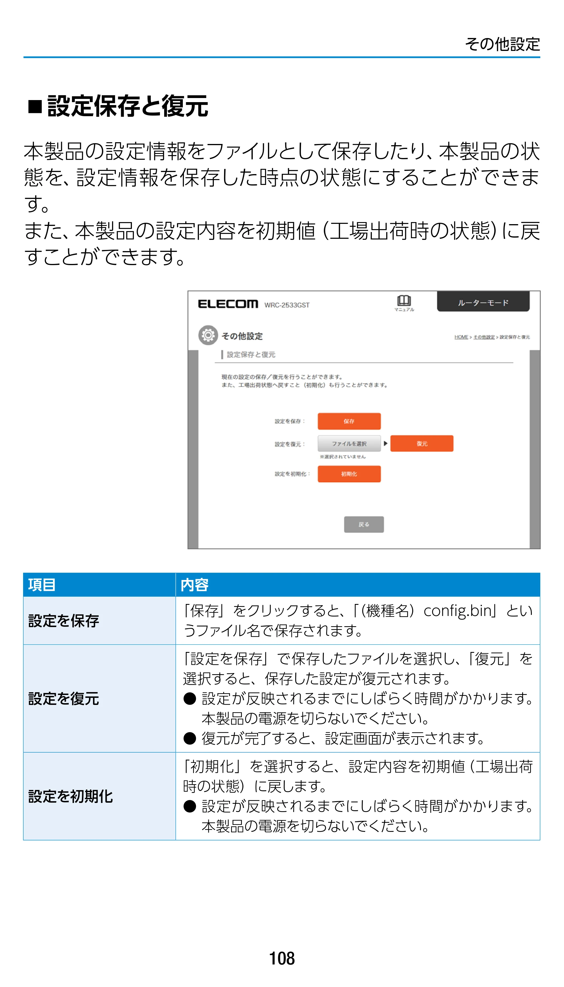 エレコム WRC-1900GST 4.ユーザーズマニュアル（基本機能編） — 設定保存と復元 — 原本ページ — 108ページ