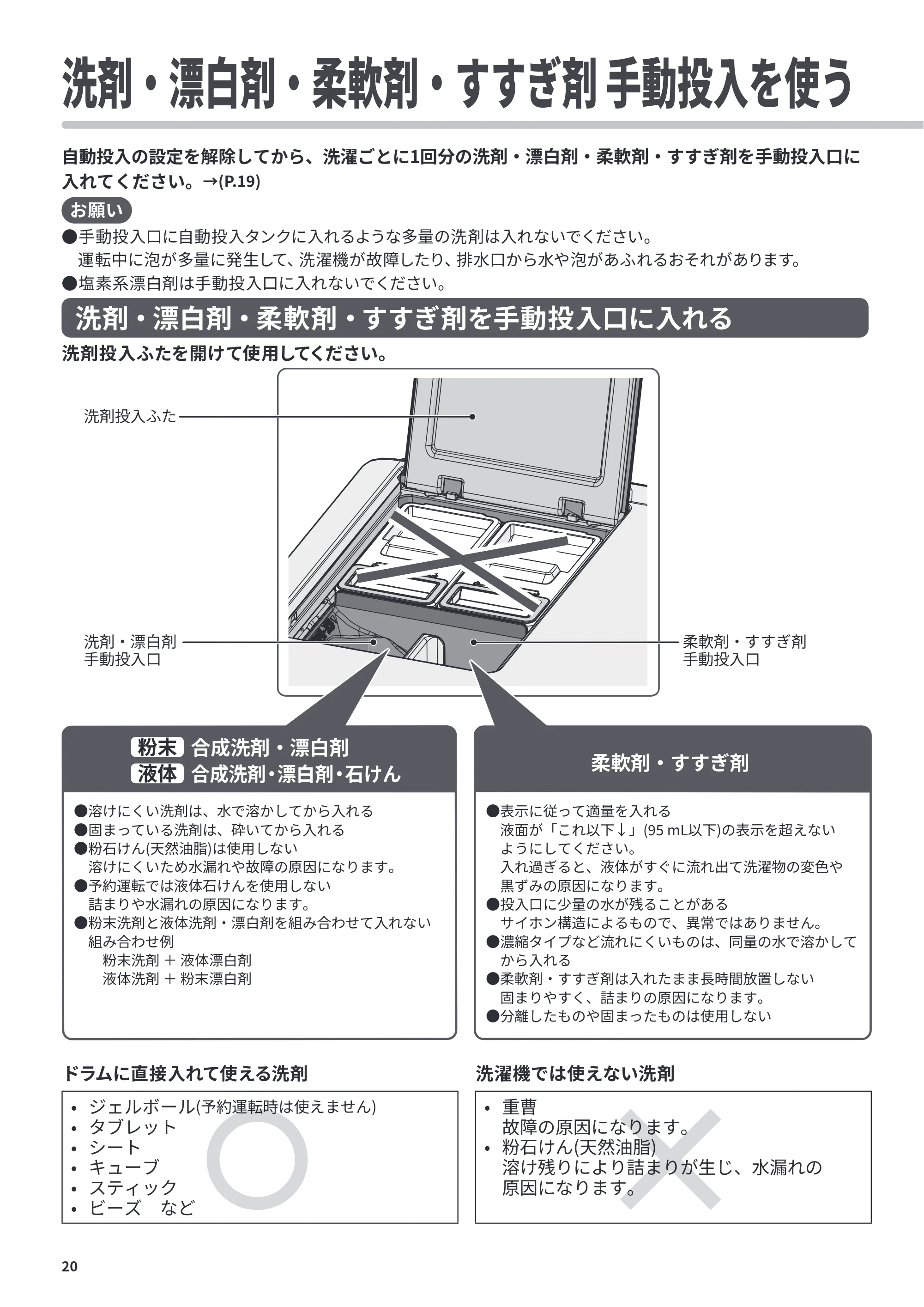 日立 BD-CX100PL / BD-CX100PR 取扱説明書 — 洗剤・漂白剤・柔軟剤・すすぎ剤 手動投入を使う — 原本ページ — 20ページ
