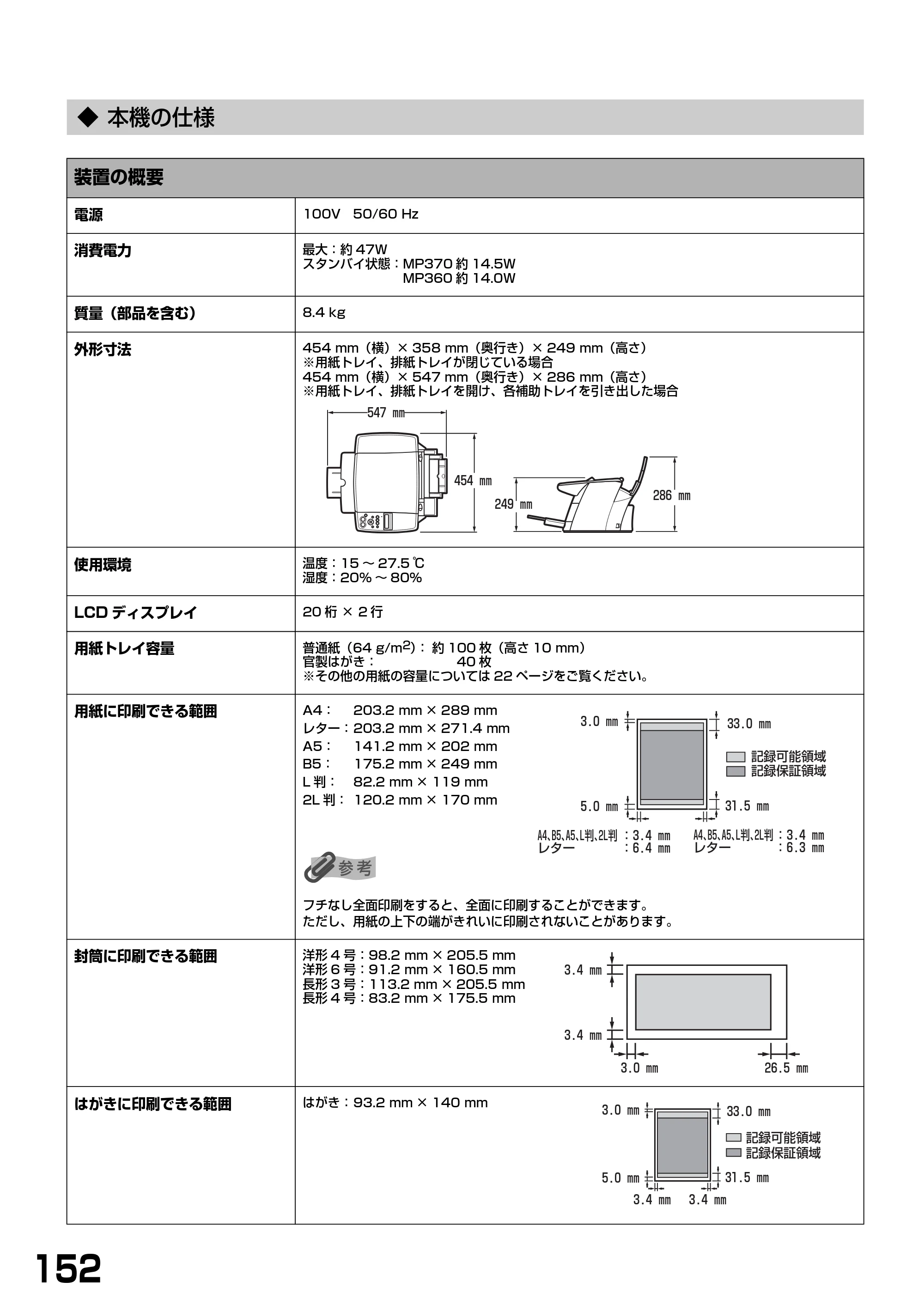 キヤノン PIXUS MP370 基本操作ガイド （PDF形式／4.56Mバイト） — ◆ 本機の仕様 — 原本ページ — 154ページ