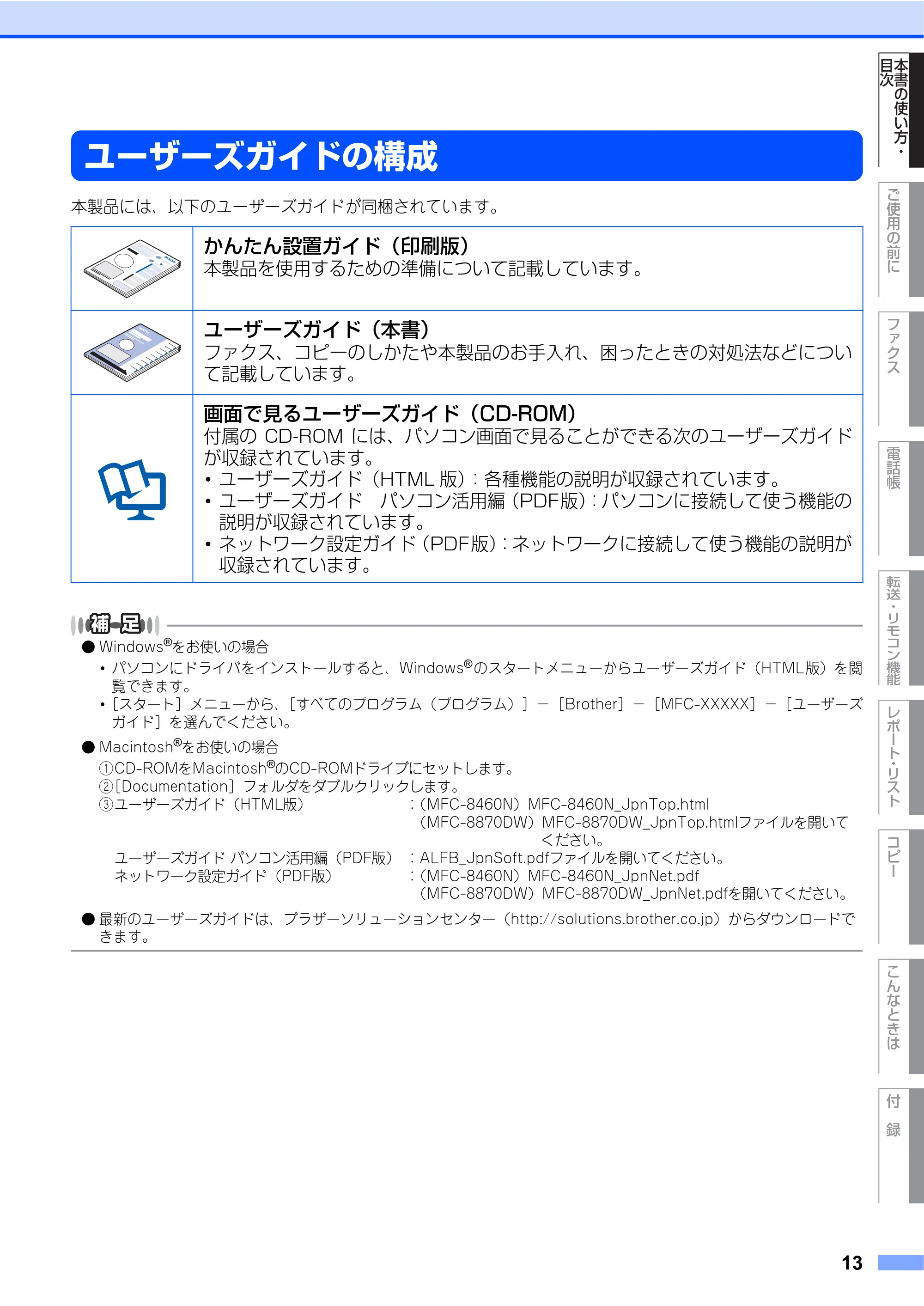 ブラザー MFC-8460N 取扱説明書（本体） — ユーザーズガイドの構成 — 原本ページ — 13ページ