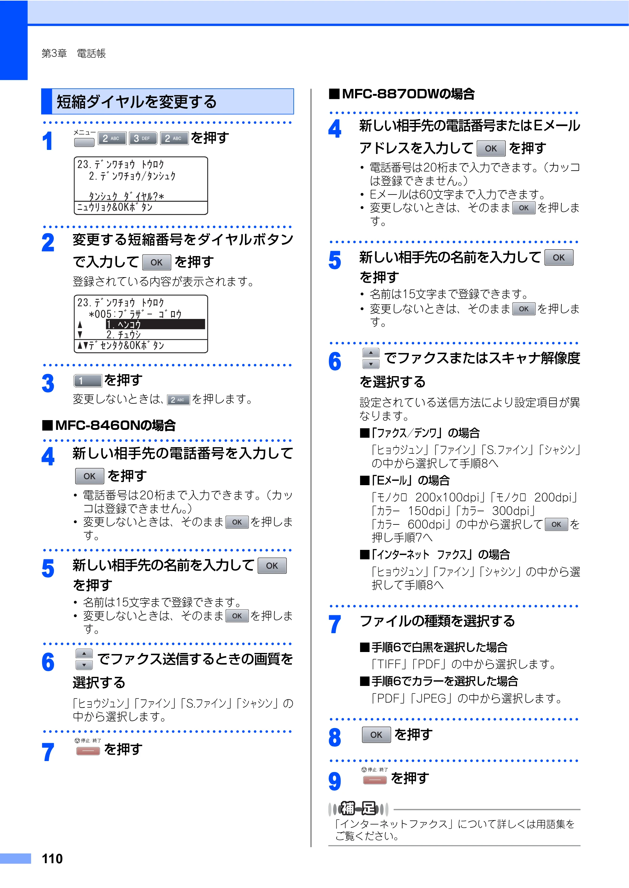 ブラザー MFC-8460N 取扱説明書（本体） — 短縮ダイヤルを変更する — 原本ページ — 110ページ