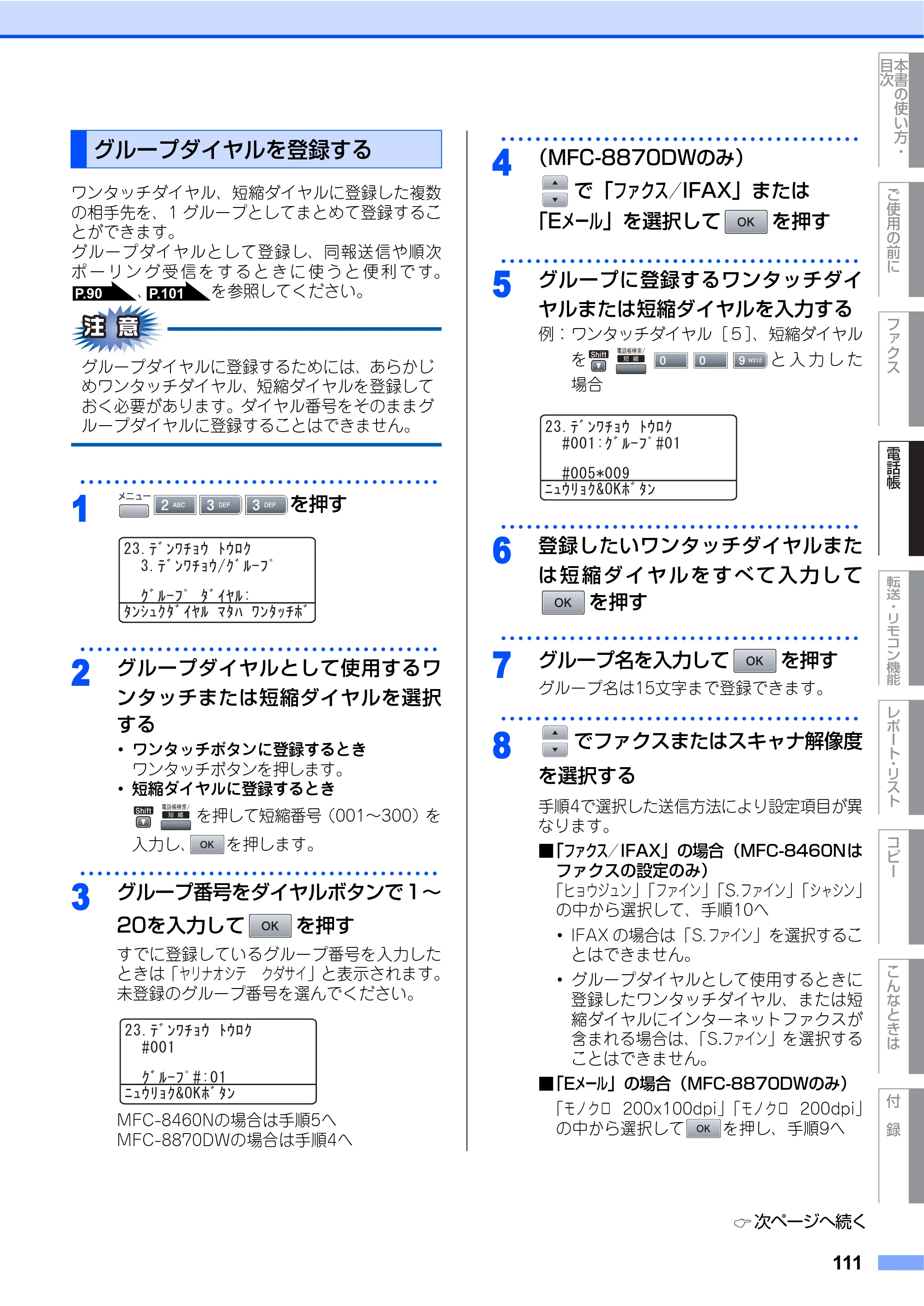 ブラザー MFC-8460N 取扱説明書（本体） — グループダイヤルを登録する — 原本ページ — 111ページ