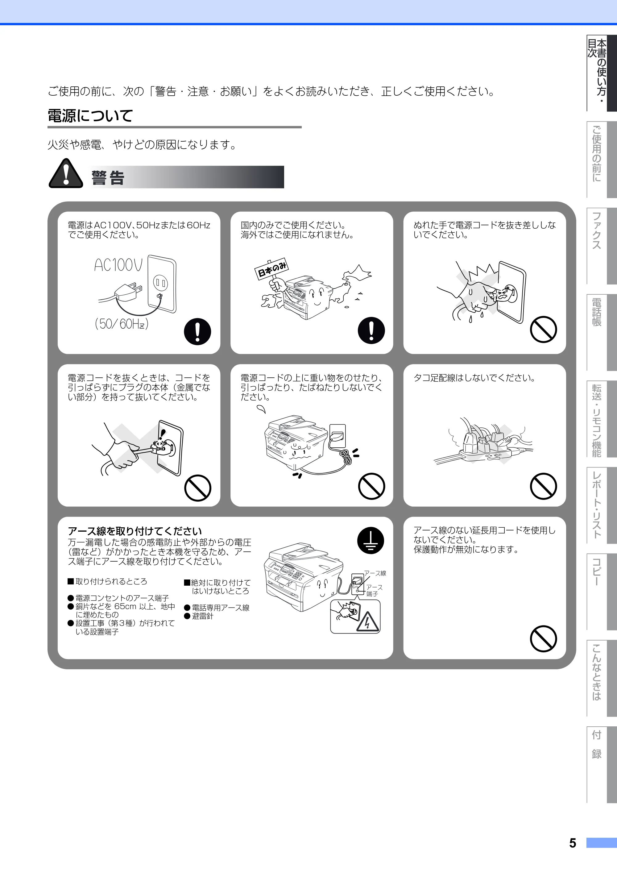 ブラザー MFC-7420 / MFC-7820N 取扱説明書（本体） — 電源について — 原本ページ — 5ページ