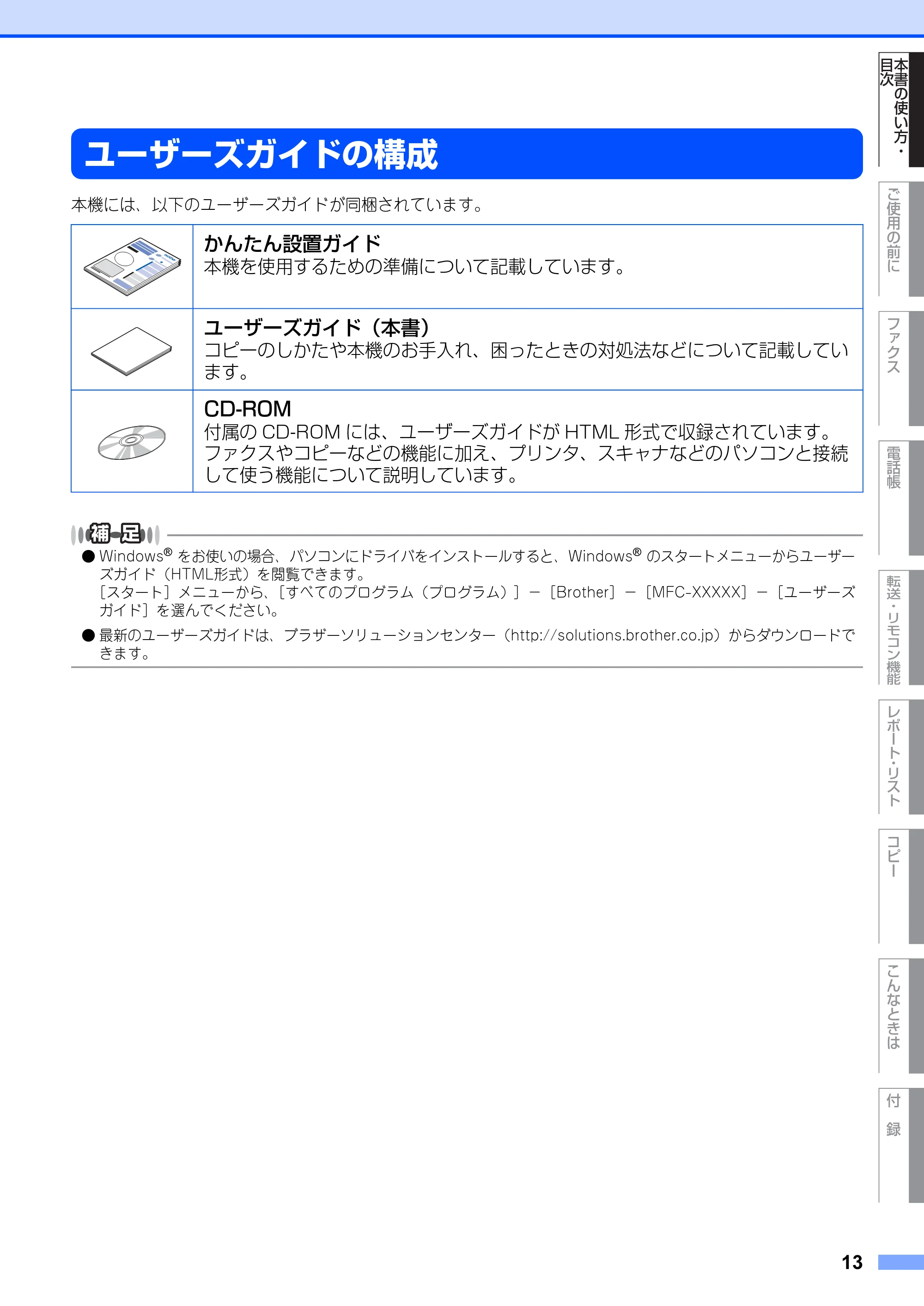 ブラザー MFC-7420 / MFC-7820N 取扱説明書（本体） — ユーザーズガイドの構成 — 原本ページ — 13ページ