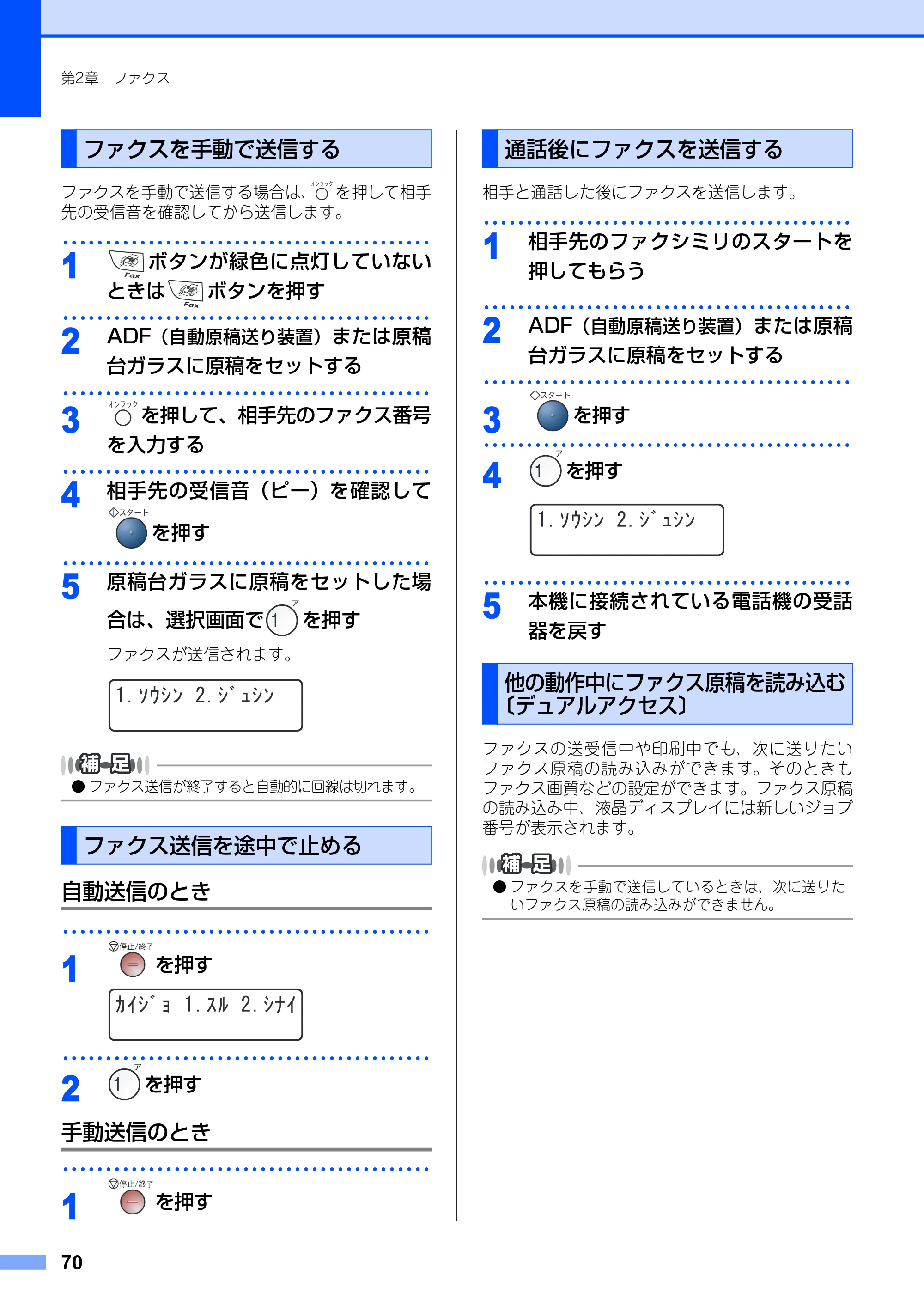 ブラザー MFC-7420 / MFC-7820N 取扱説明書（本体） — ファクスを手動で送信する — 原本ページ — 70ページ