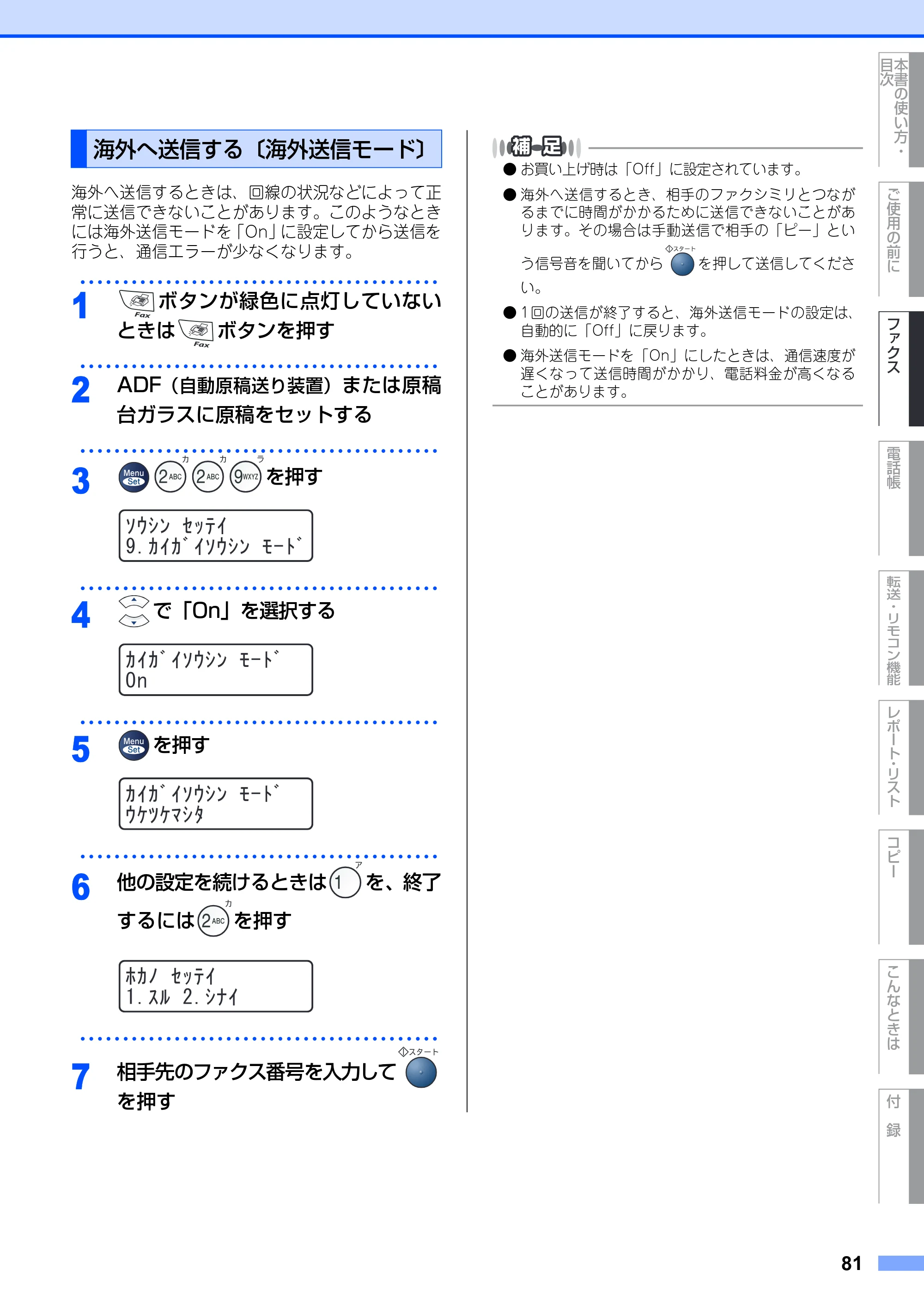 ブラザー MFC-7420 / MFC-7820N 取扱説明書（本体） — 海外へ送信する 〔海外送信モード〕 — 原本ページ — 81ページ