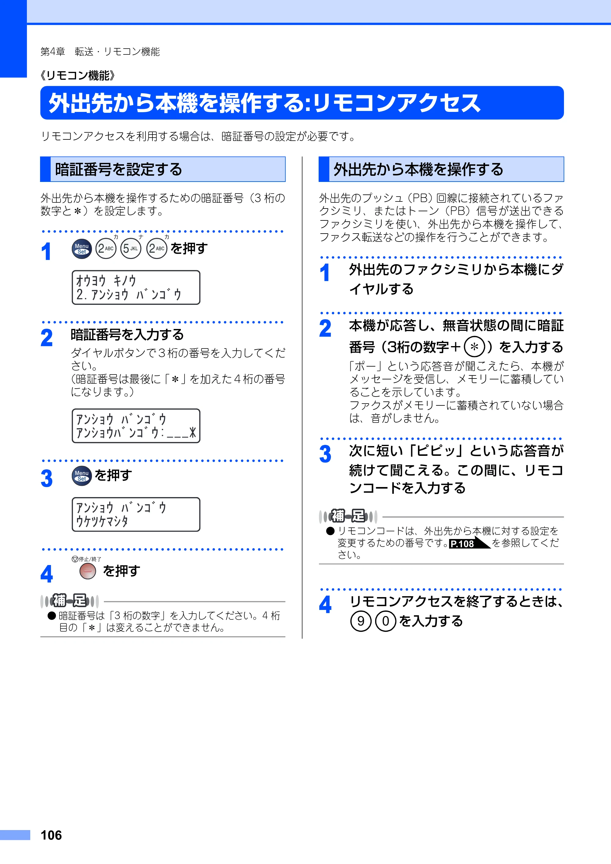 ブラザー MFC-7420 / MFC-7820N 取扱説明書（本体） — 《リモコン機能》 — 原本ページ — 106ページ