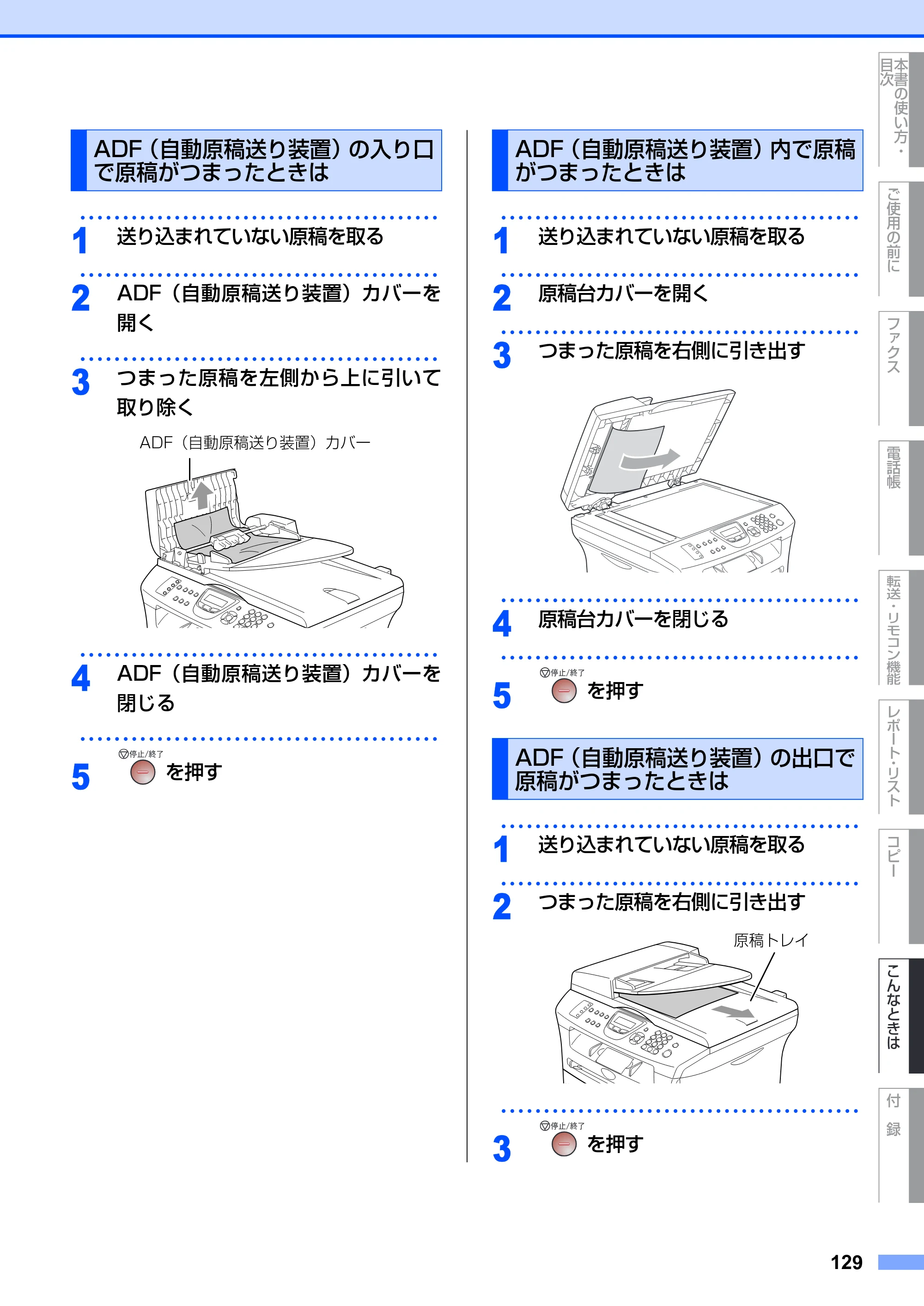 ブラザー MFC-7420 / MFC-7820N 取扱説明書（本体） — ADF（自動原稿送り装置）の入り口で原稿がつまったときは — 原本ページ — 129ページ