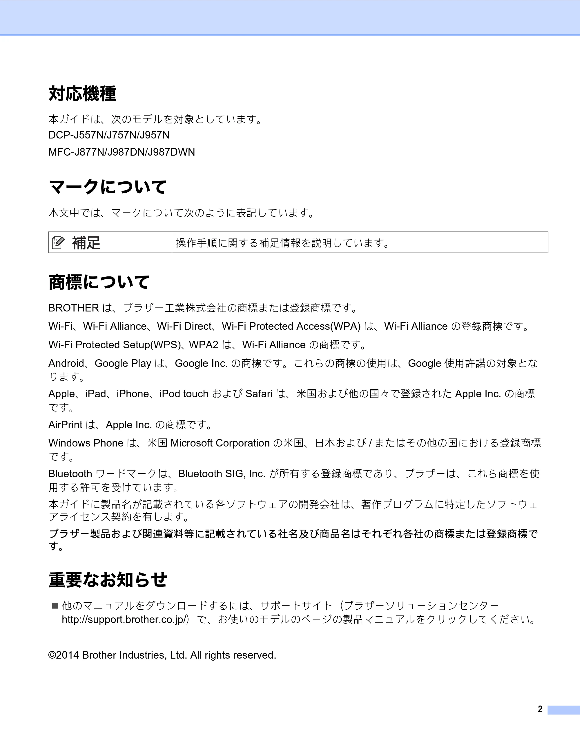 ブラザー DCP-J557N / DCP-J757N / DCP-J957N Wi-Fi Direct ガイド — 対応機種 — 原本ページ — 2ページ