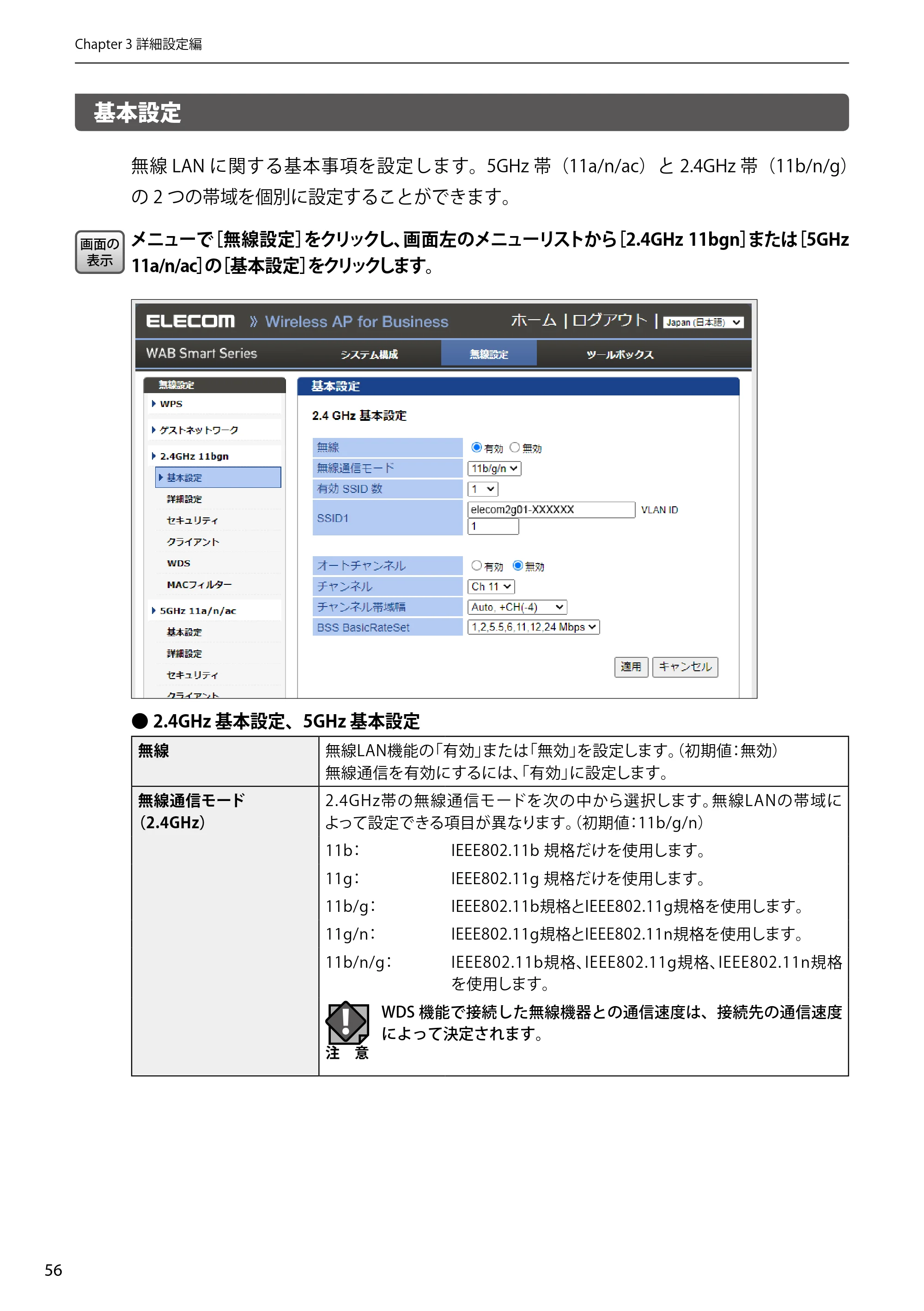 エレコム WAB-EX-DFS / WAB-M2133 2.ユーザーズマニュアル 【対象AP】[WAB-M2133] — 基本設定 — 原本ページ — 56ページ
