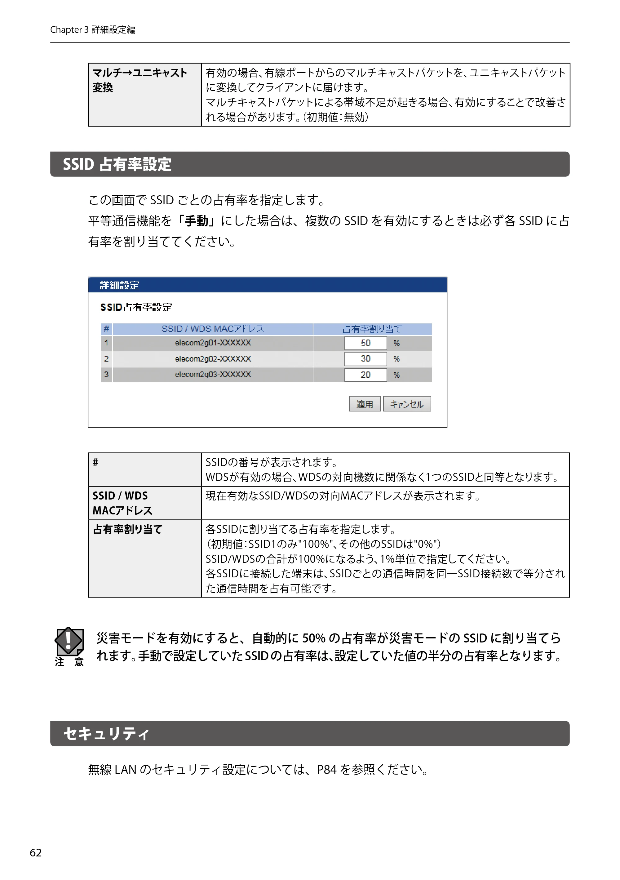 エレコム WAB-EX-DFS / WAB-M2133 2.ユーザーズマニュアル 【対象AP】[WAB-M2133] — SSID占有率設定 — 原本ページ — 62ページ
