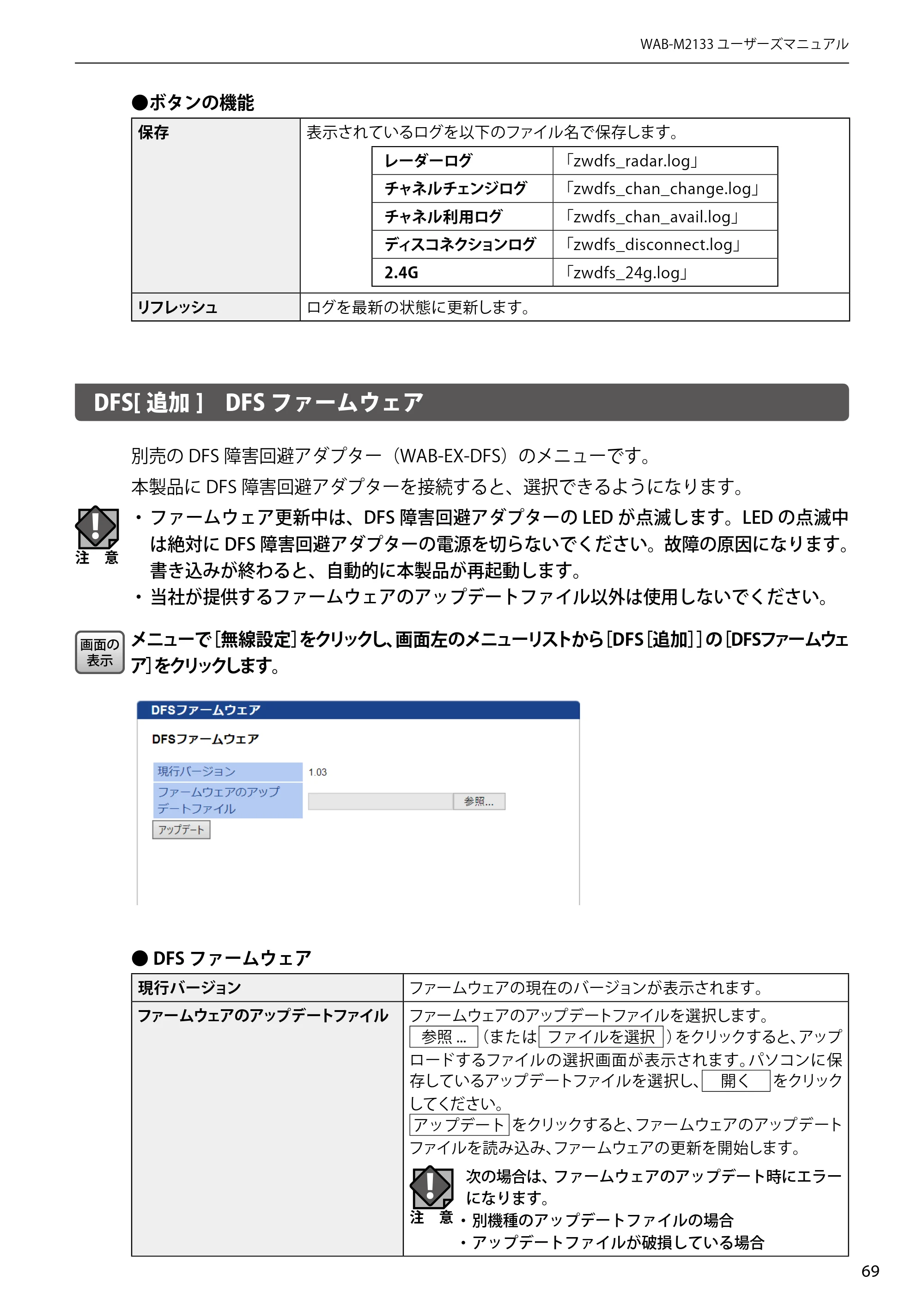 エレコム WAB-EX-DFS / WAB-M2133 2.ユーザーズマニュアル 【対象AP】[WAB-M2133] — DFS[追加] DFSファームウェア — 原本ページ — 69ページ