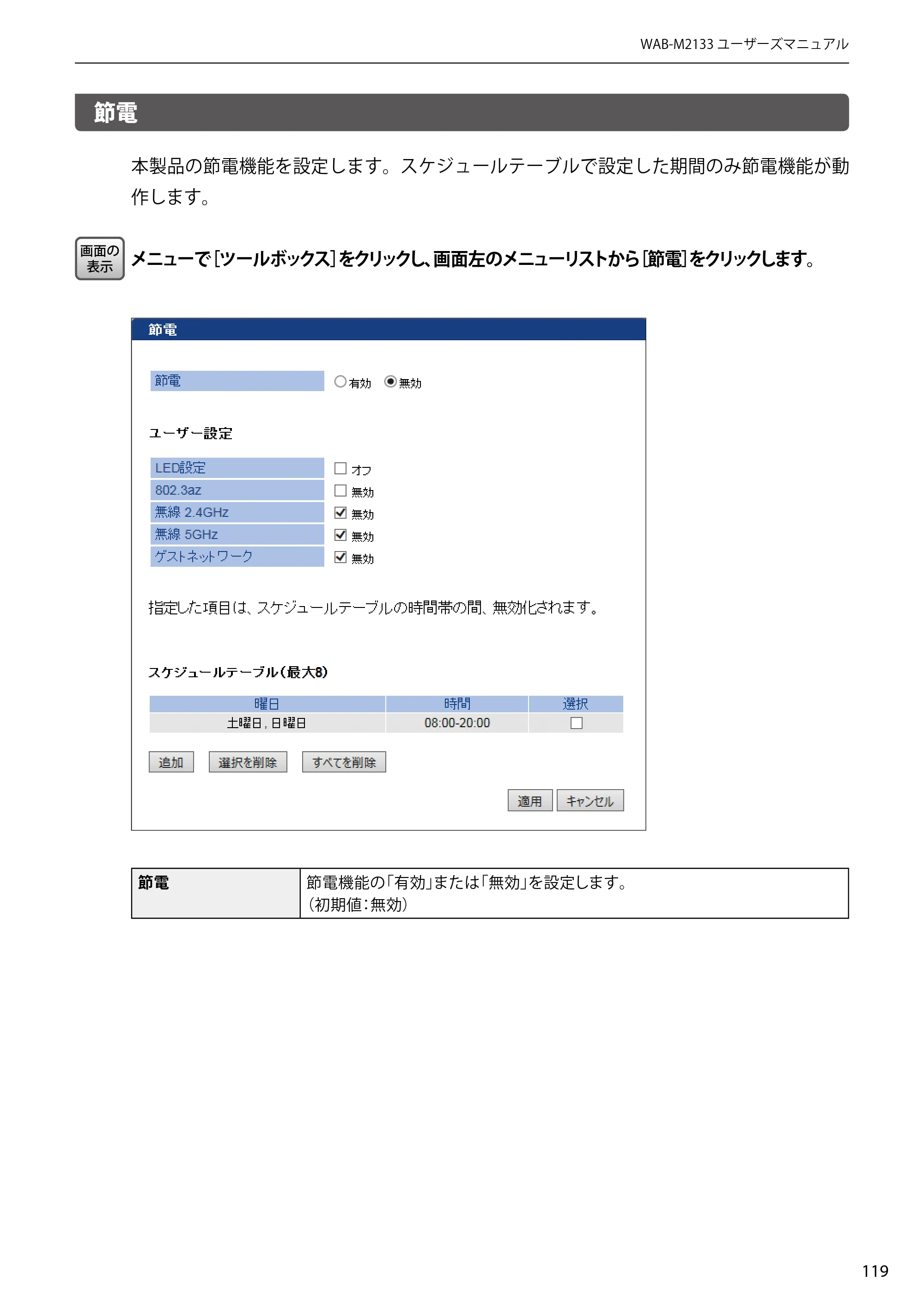 エレコム WAB-EX-DFS / WAB-M2133 2.ユーザーズマニュアル 【対象AP】[WAB-M2133] — 節電 — 原本ページ — 119ページ